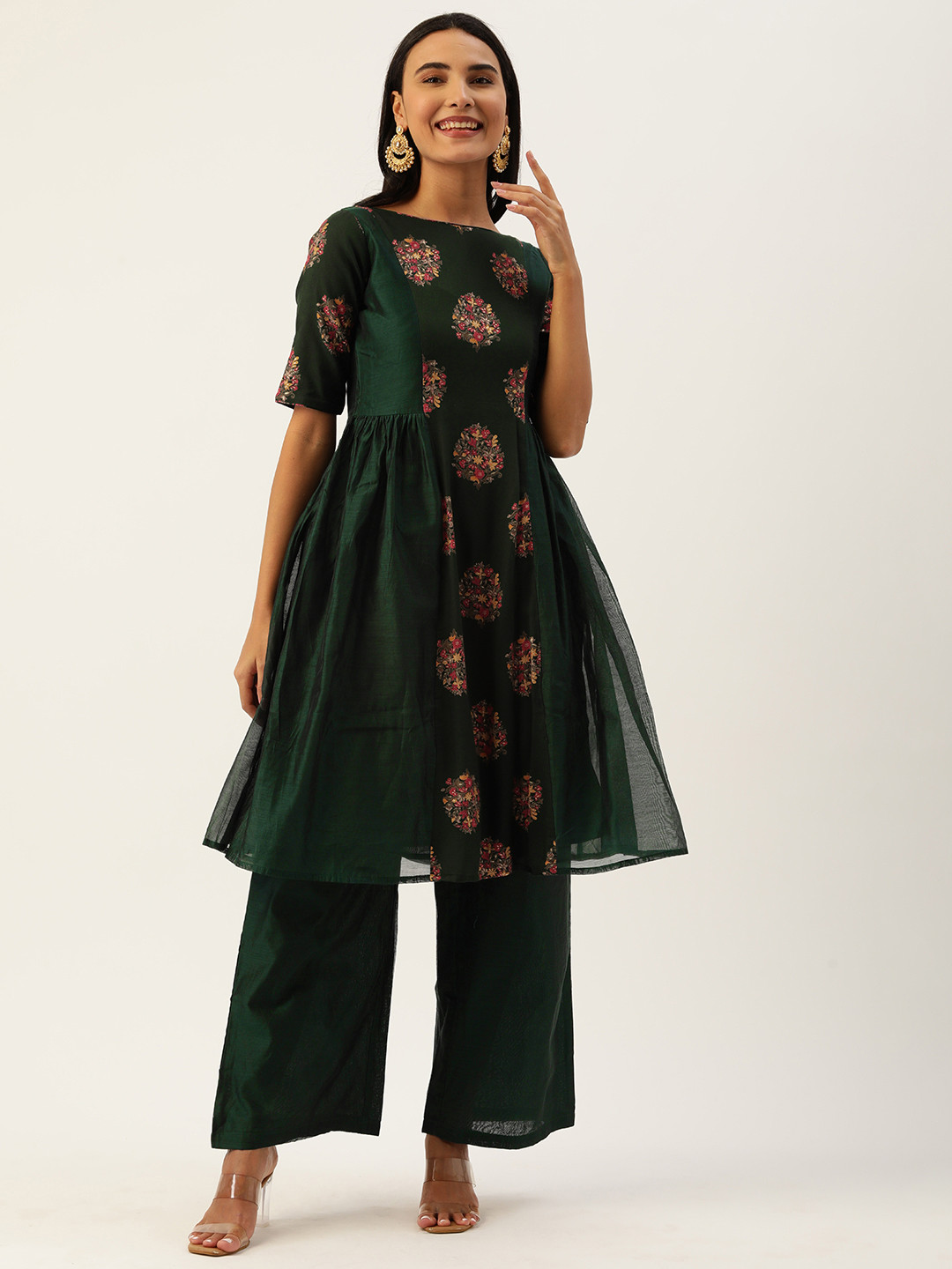 

Ethnovog Green Blue Floral Print Made To Measure Anarkali Kurta Set