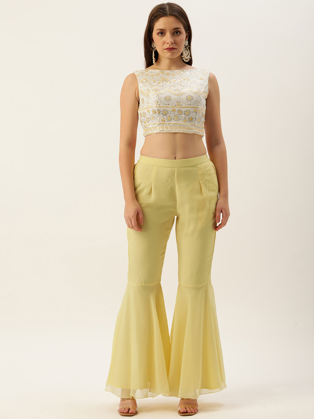 

Ethnovog Women White Floral Embroidered Sequinned Made To Measure Top with Palazzos