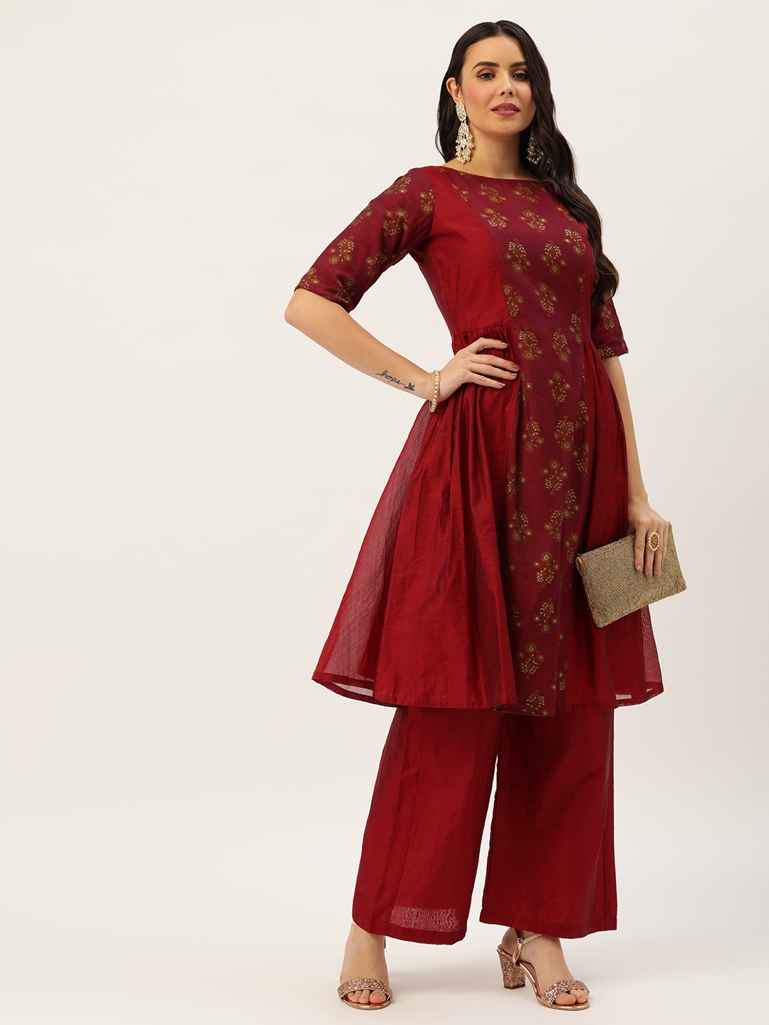 

Ethnovog Women Maroon Ethnic Motifs Made To Measure Maroon Kurta with Palazzos Dupatta