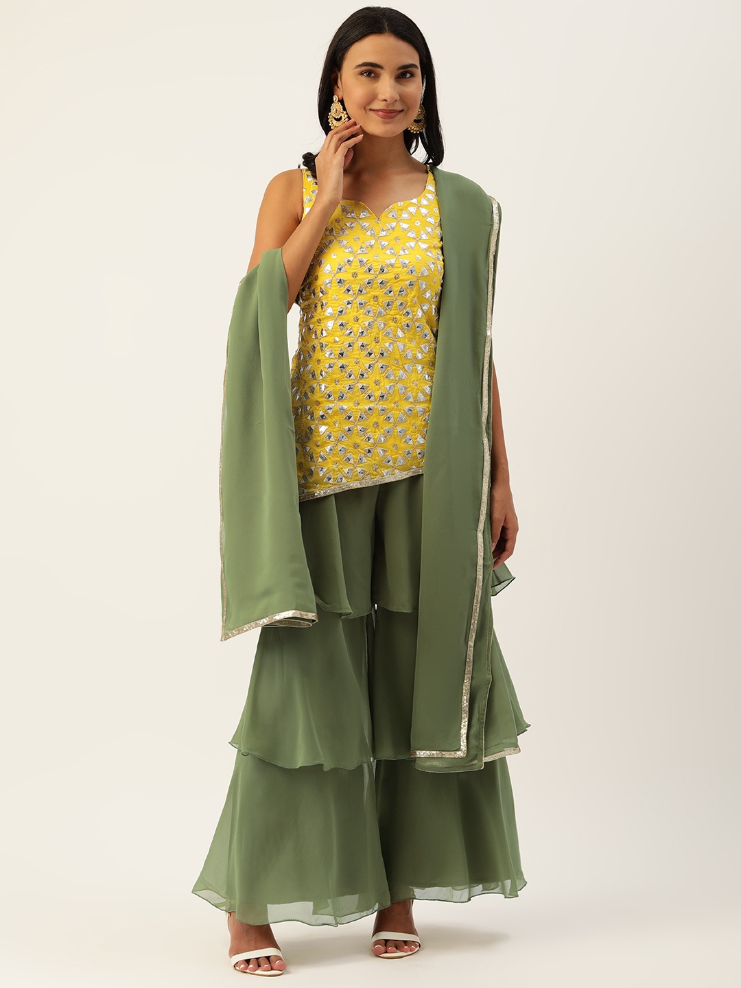 

Ethnovog Mustard Yellow Silver Made To Measure Embroidered Kurti Sharara Dupatta