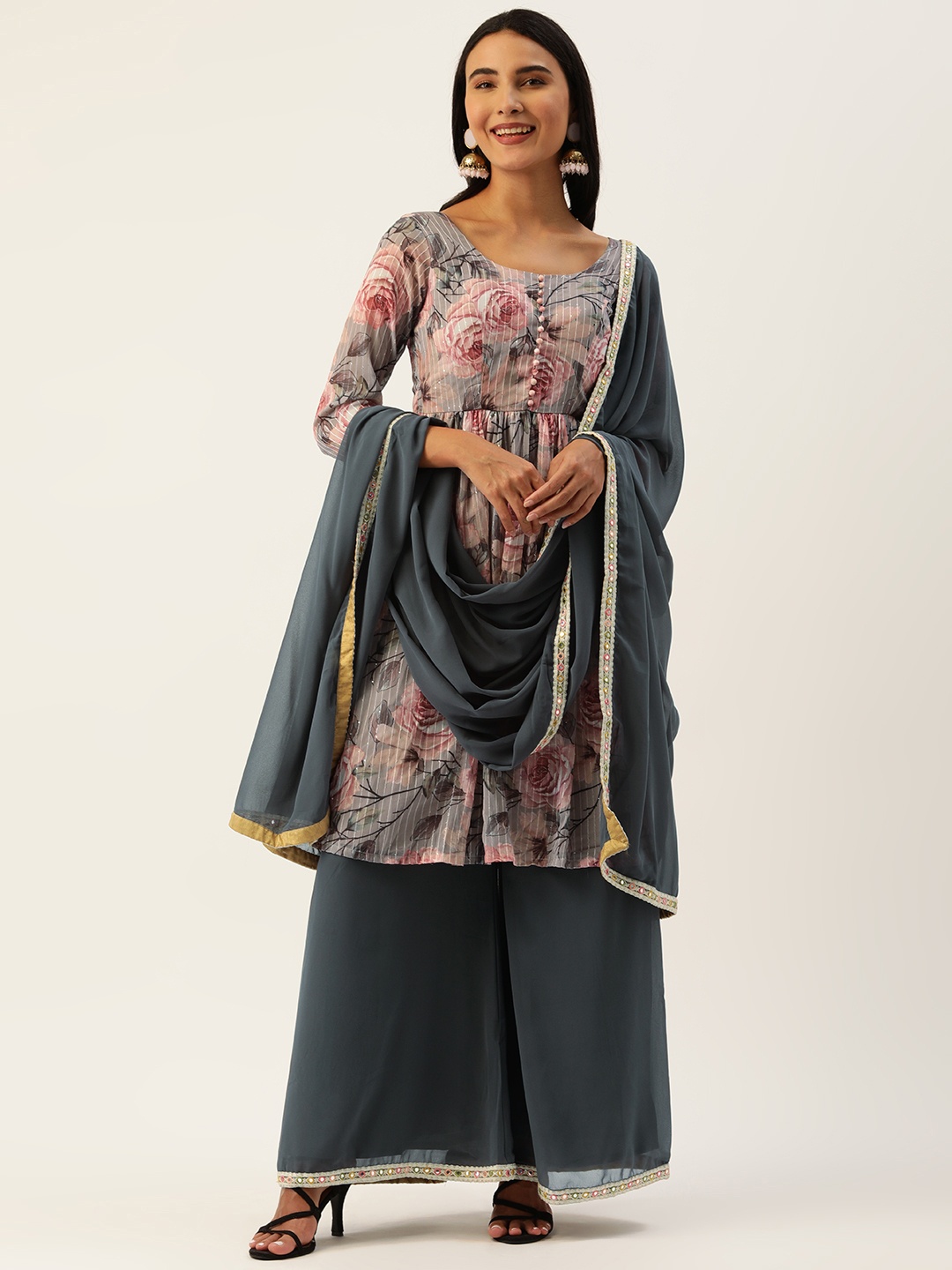 

Ethnovog Grey Peach-Coloured Floral Made To Measure Anarkali Kurta Palazzos Dupatta