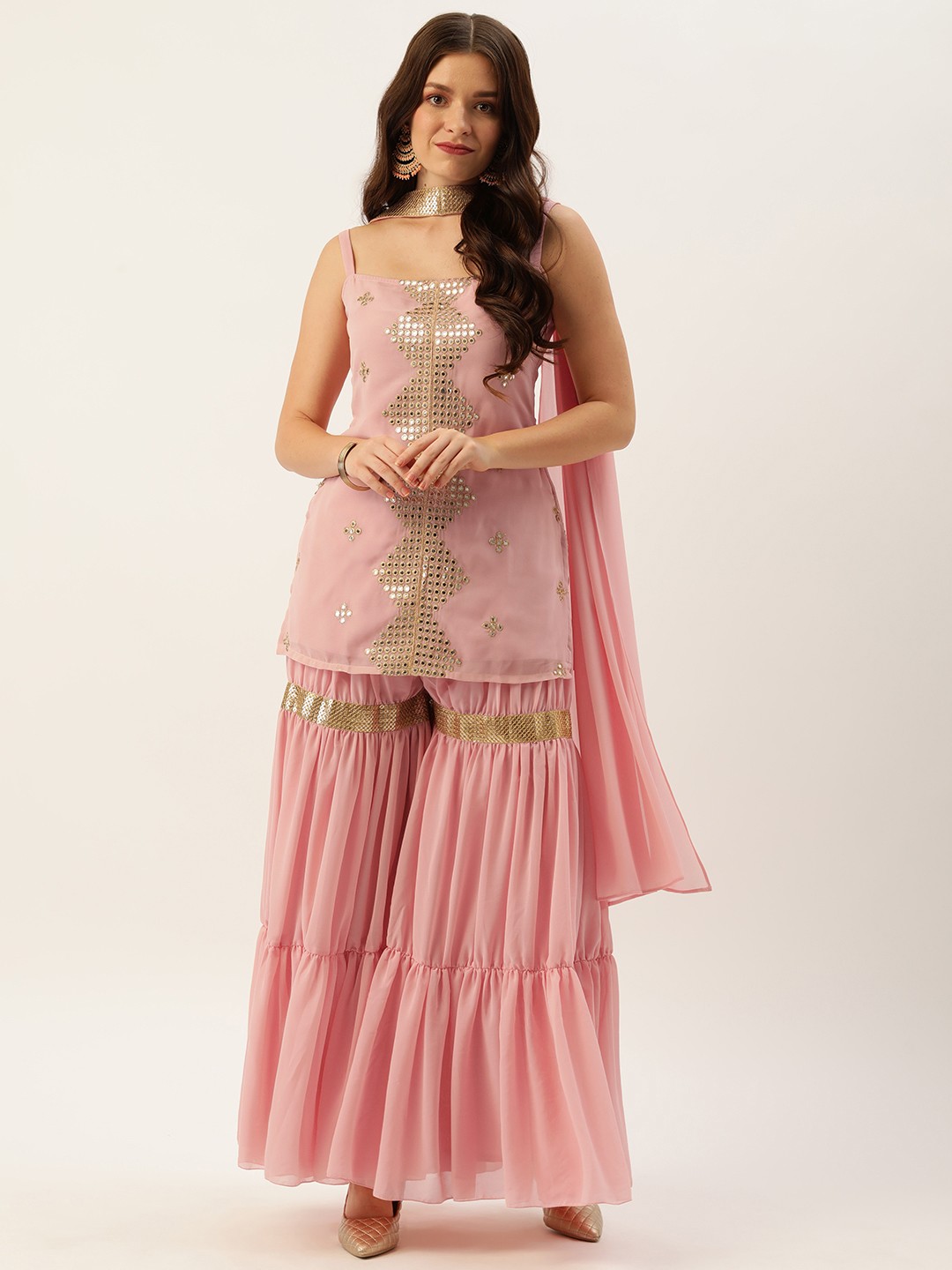 

Ethnovog Women Pink Embroidered Mirror Work Made To Measure Kurti with Sharara Dupatta