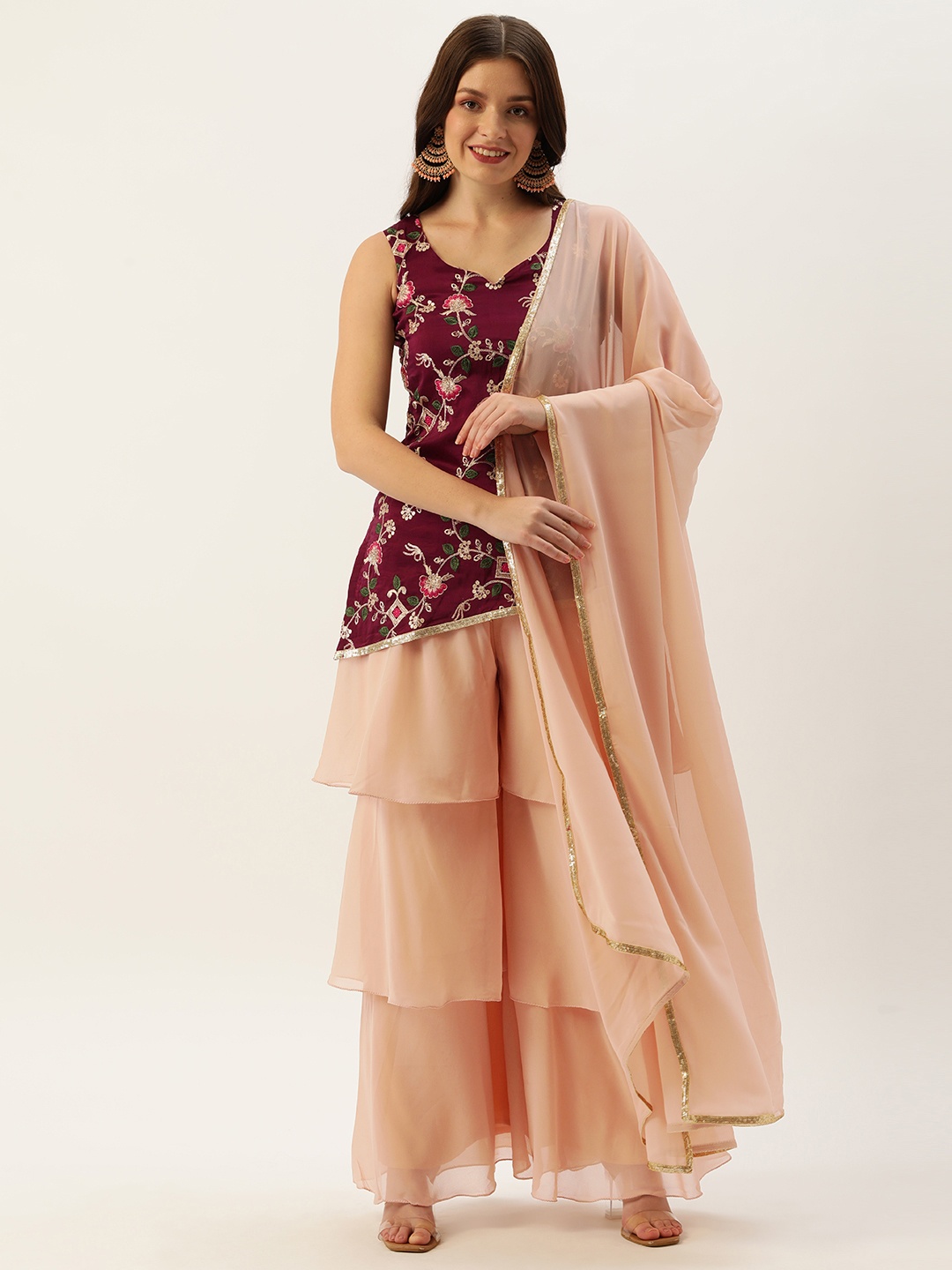 

Ethnovog Women Maroon Floral Embroidered Made To Measure Kurti with Palazzos Dupatta