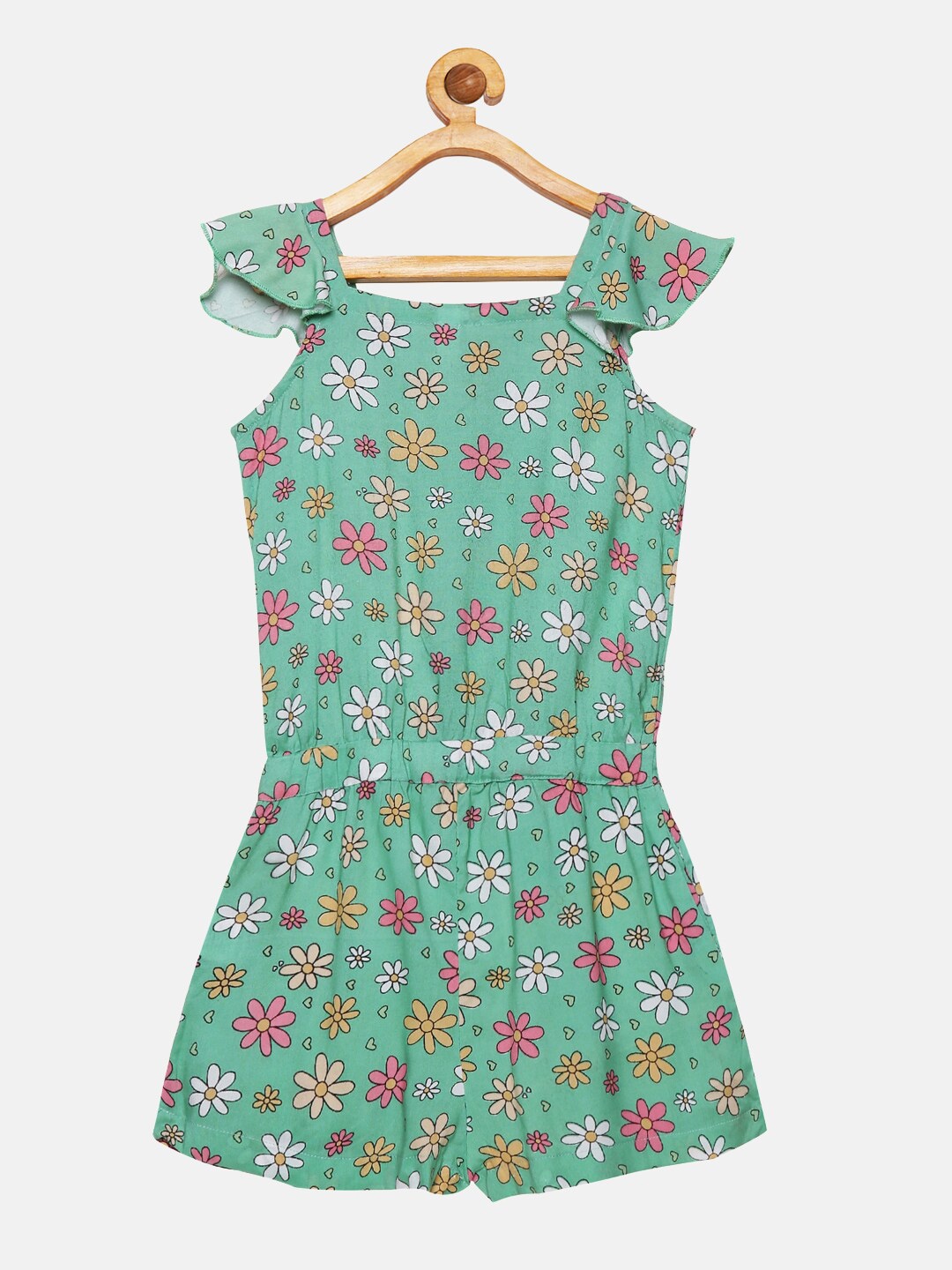 

KiddoPanti Girls Green & White Printed Jumpsuit