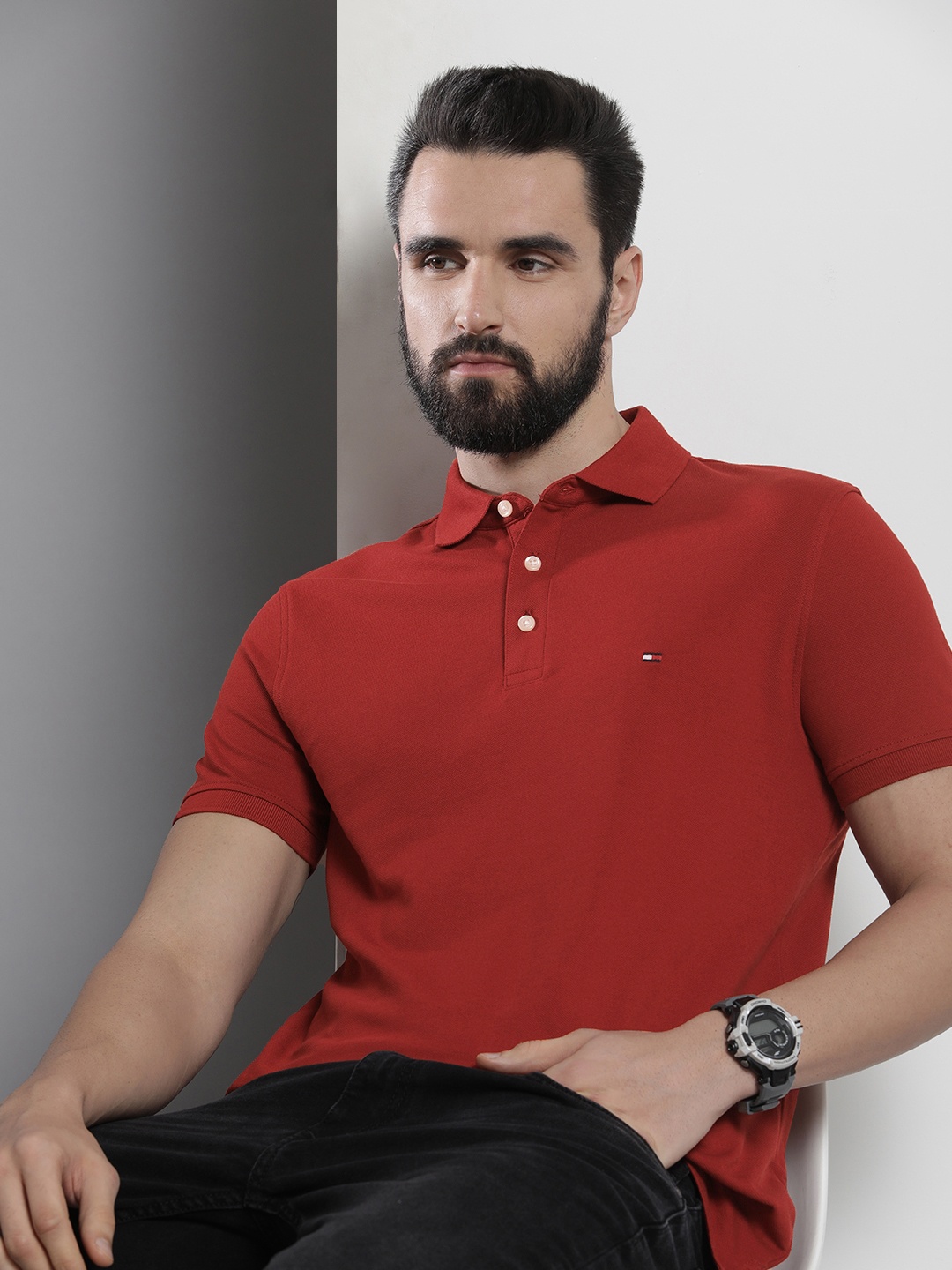 

Tommy Hilfiger Men Red Polo Collar Organic Cotton Slim Fit T-shirt