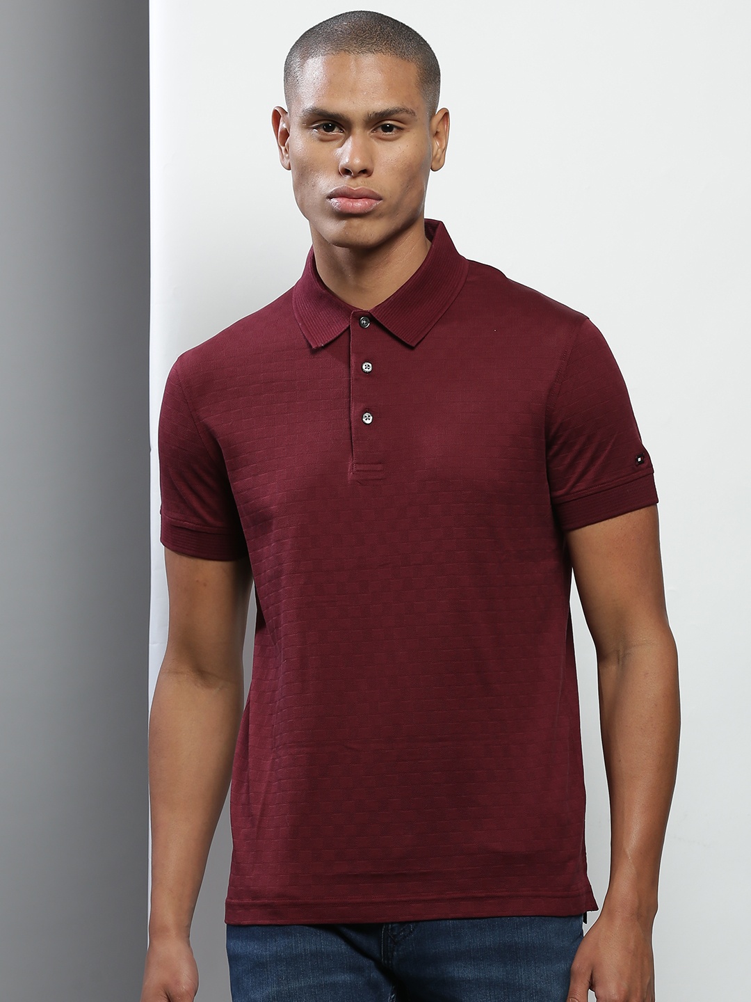 

Tommy Hilfiger Men Maroon Checked Polo Collar Cotton Slim Fit T-shirt