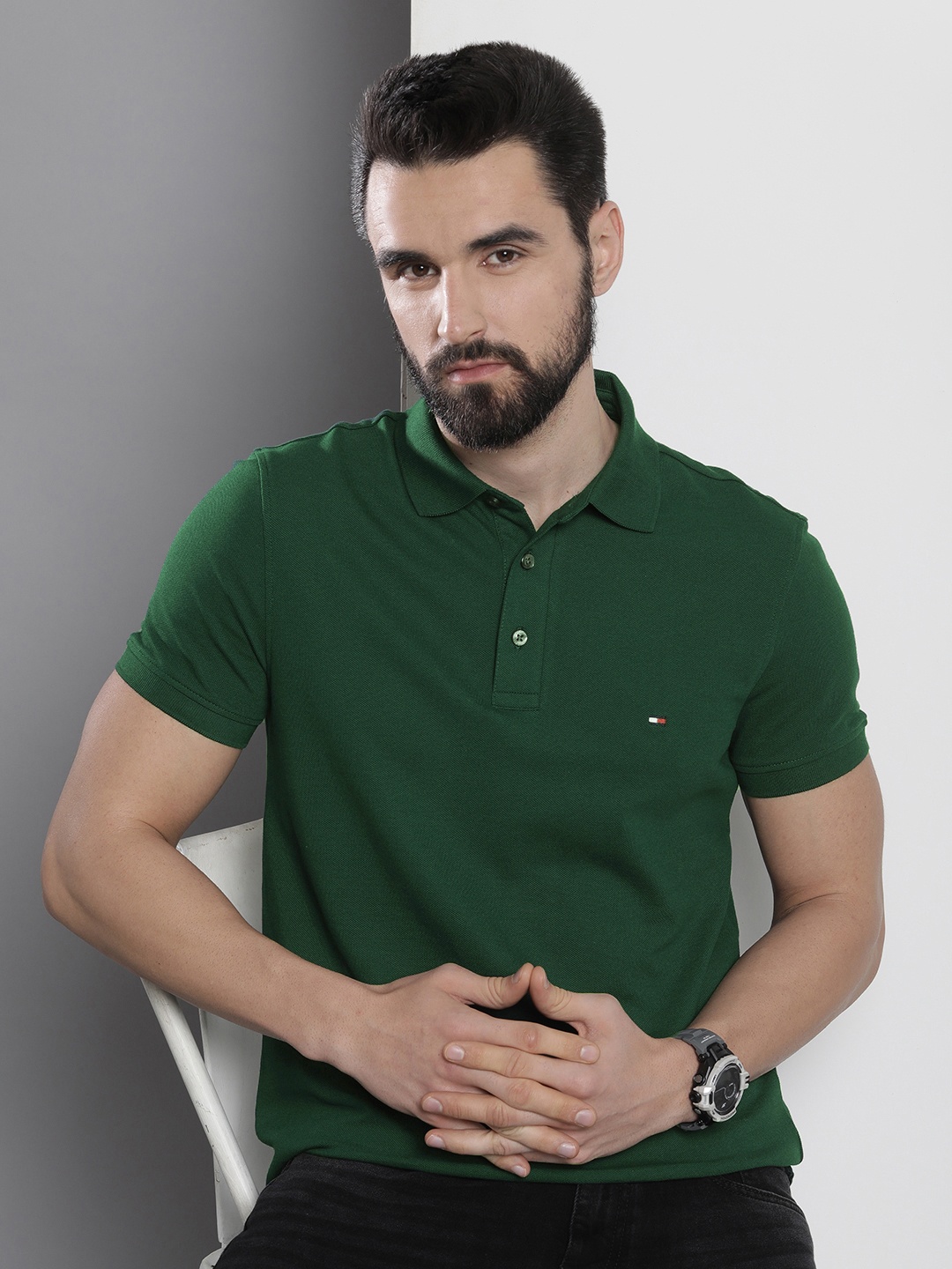 

Tommy Hilfiger Men Green Polo Collar Organic Cotton Slim Fit T-shirt