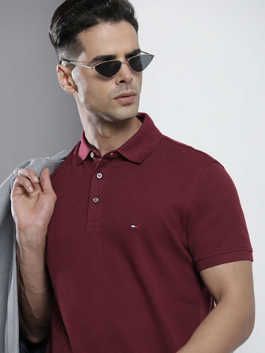 

Tommy Hilfiger Men Burgundy Polo Collar Slim Fit Solid T-shirt with Brand Logo Detail