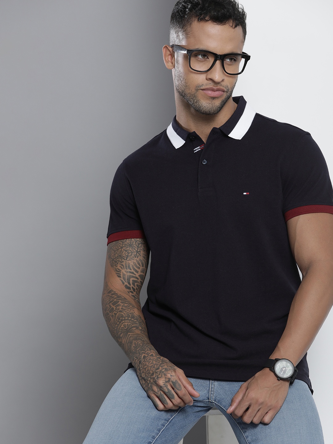

Tommy Hilfiger Men Navy Blue Polo Collar Pure Cotton Slim Fit T-shirt
