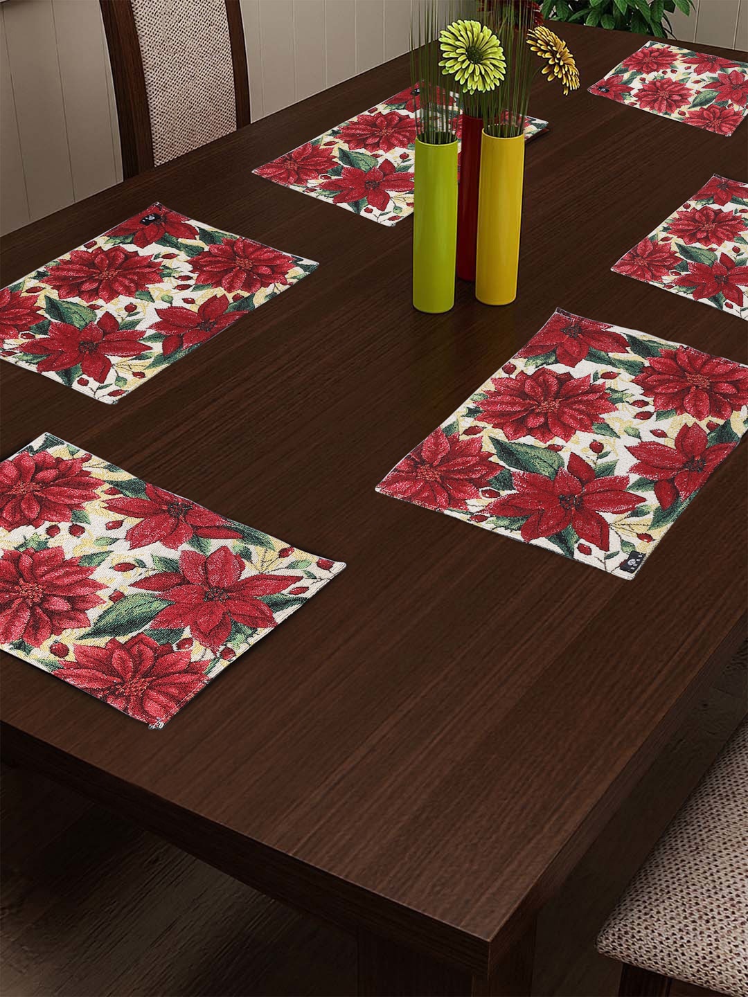 

Arrabi Set Of 6 Red & Green Floral Printed Cotton Blend Table Placemats