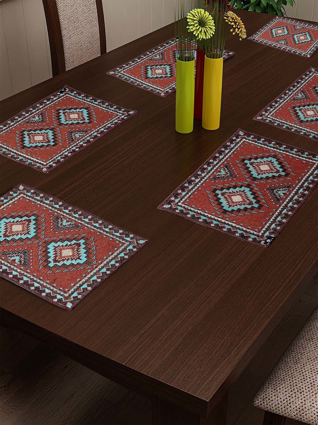 

Arrabi Set Of 6 Brown & Blue Geometric Printed Table Placemats