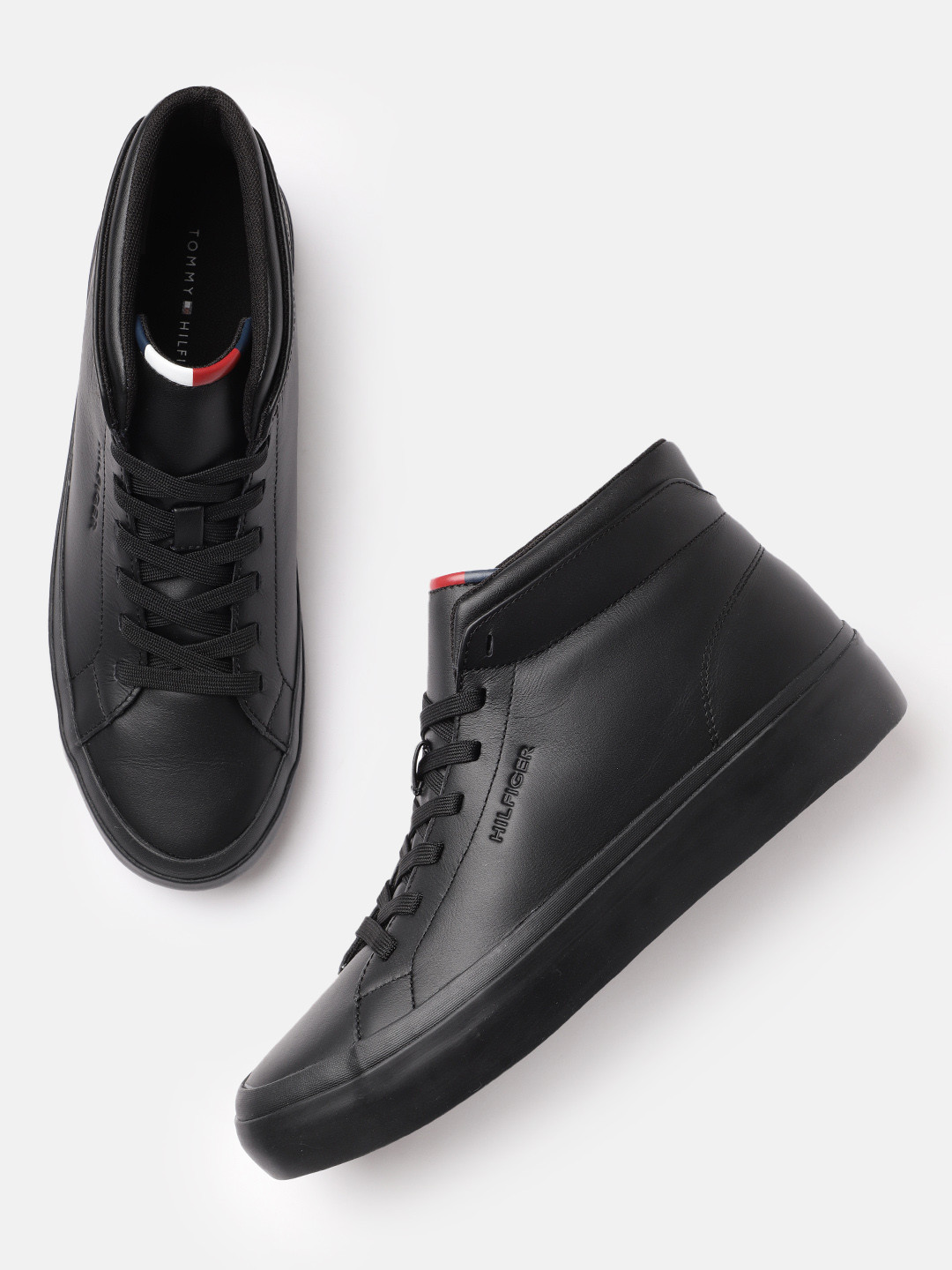 

Tommy Hilfiger Men Black Leather Mid-Top Sneakers