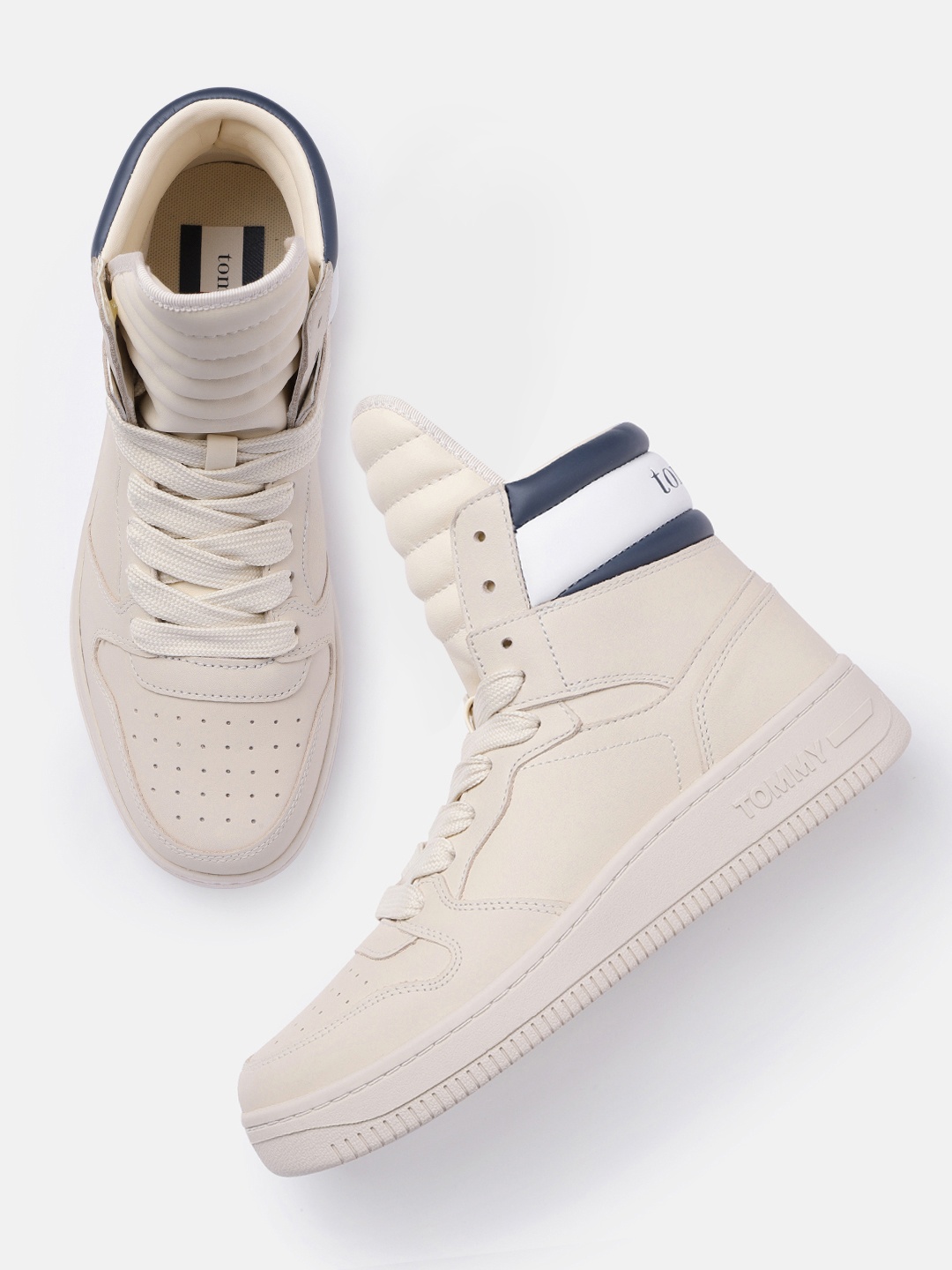 

Tommy Hilfiger Men Beige Leather Mid-Top Sneakers