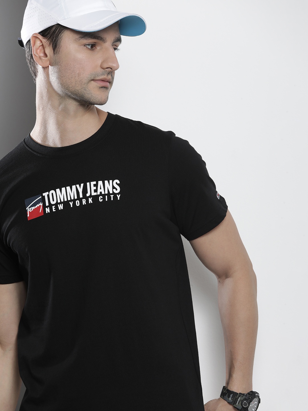 

Tommy Hilfiger Men Black Typography Printed Applique Pure Cotton Casual T-shirt
