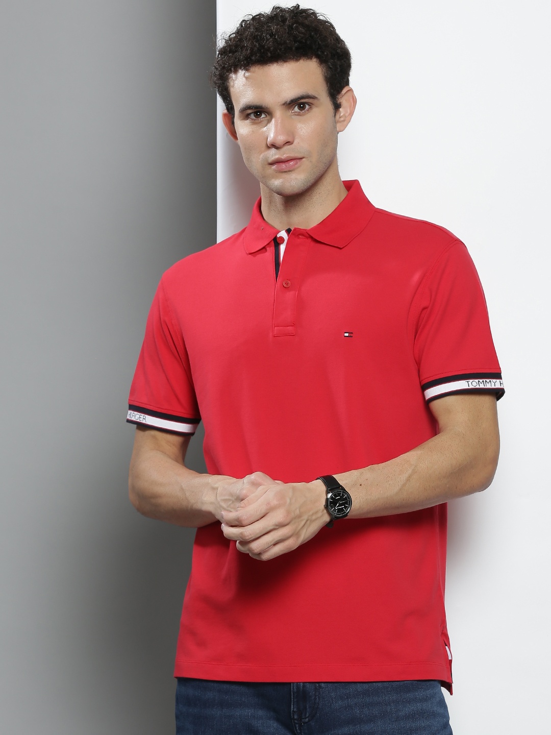 

Tommy Hilfiger Men Red Solid Polo Collar Pure Cotton T-shirt