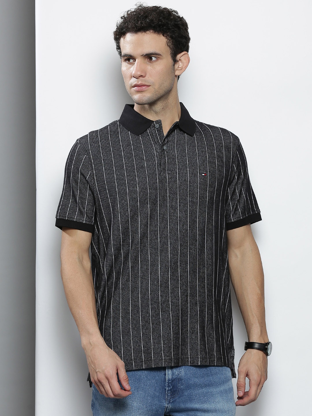 

Tommy Hilfiger Men Black & White Striped Cotton Polo Collar T-shirt