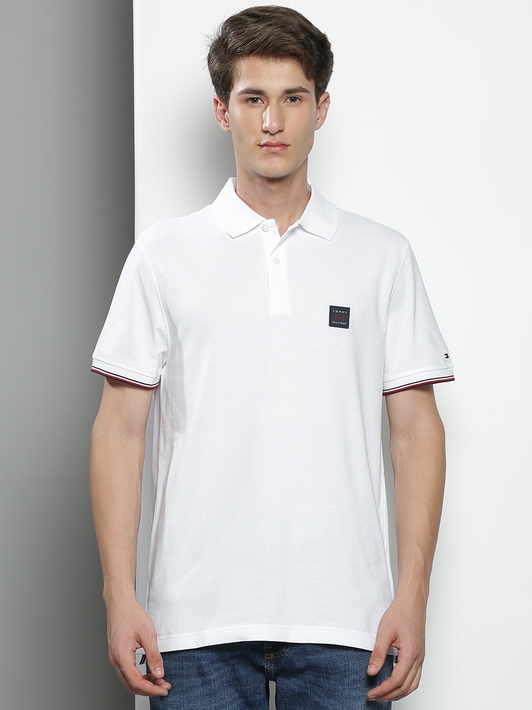 

Tommy Hilfiger Men White Brand Logo Polo Collar Applique T-shirt