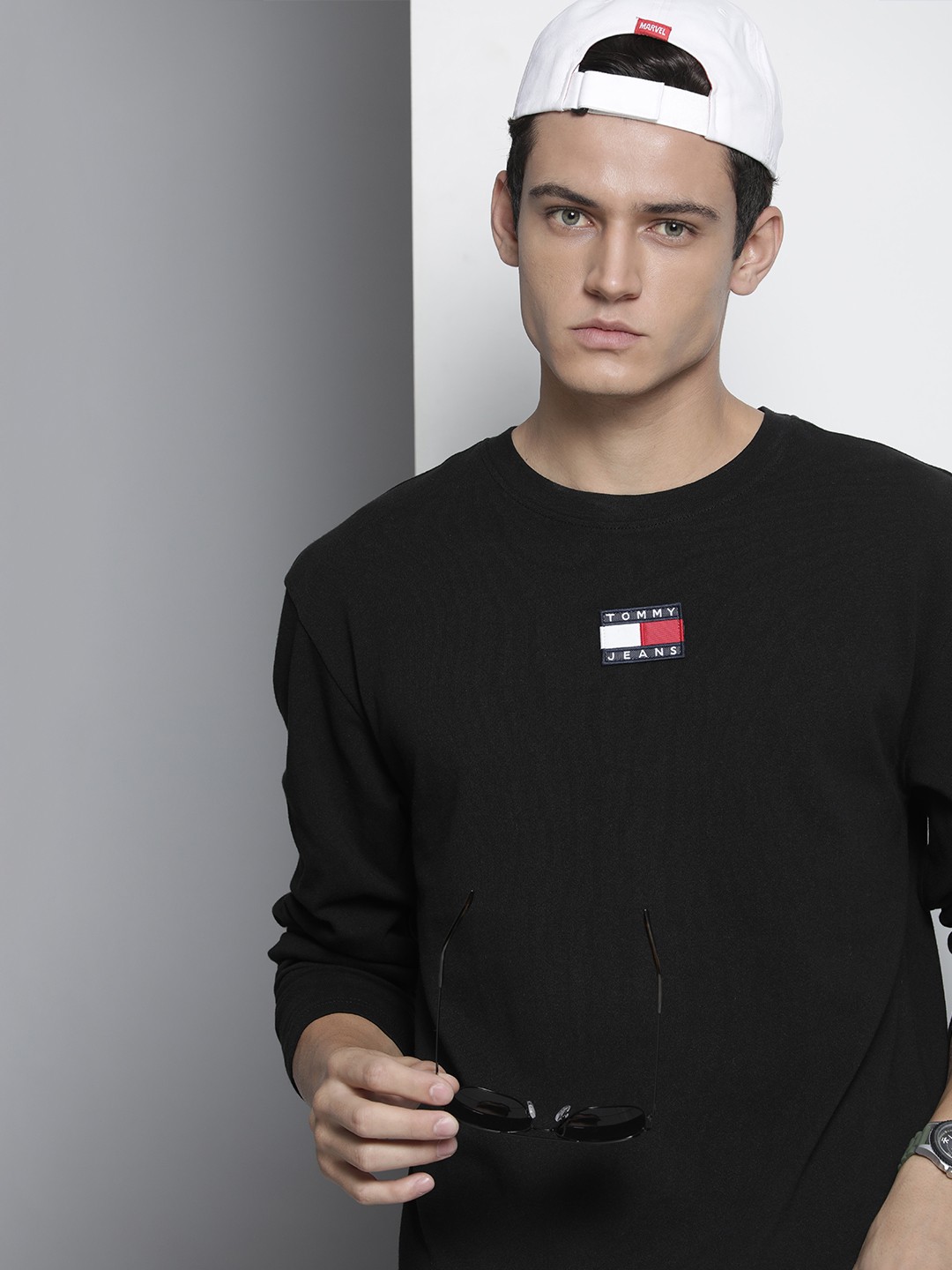 

Tommy Hilfiger Men Black Solid Pure Cotton T-shirt With Brand Logo Embroidered Applique