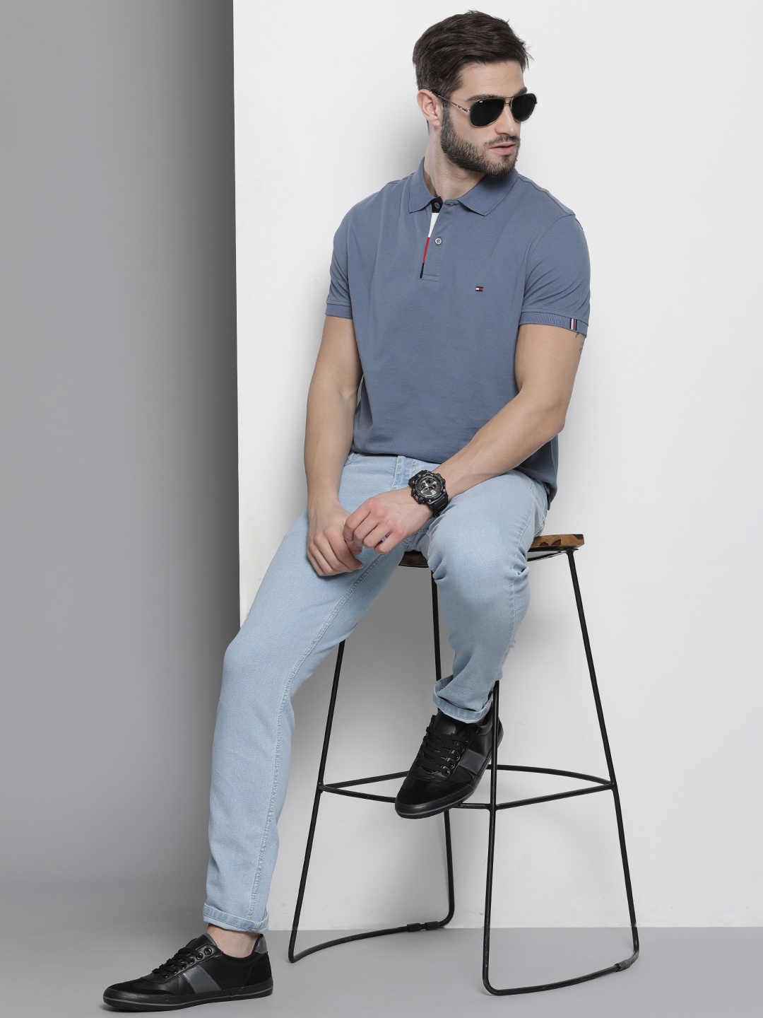 

Tommy Hilfiger Men Blue Polo Collar Pure Cotton T-shirt