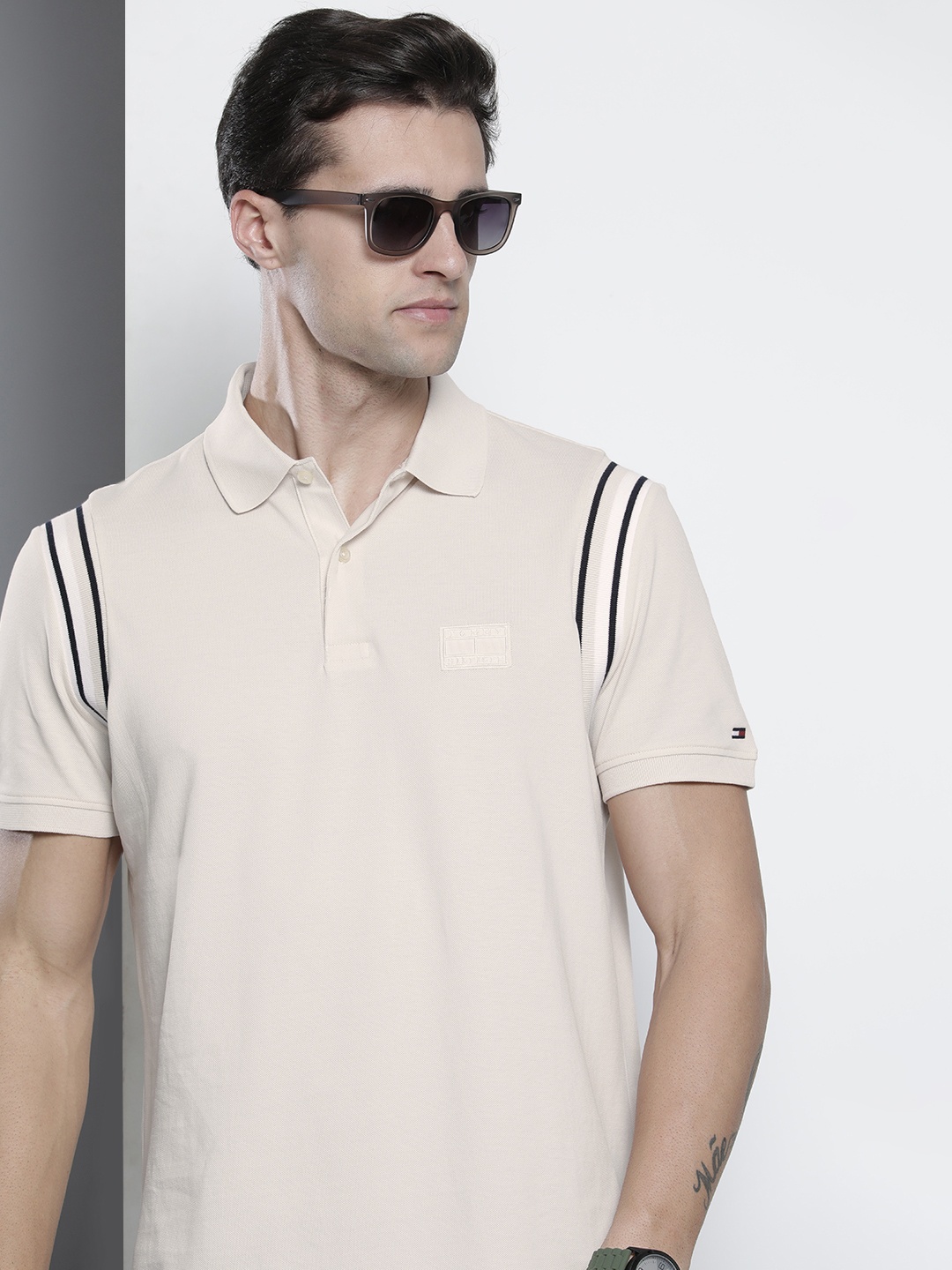 

Tommy Hilfiger Men Beige Pure Cotton Polo Collar T-shirt