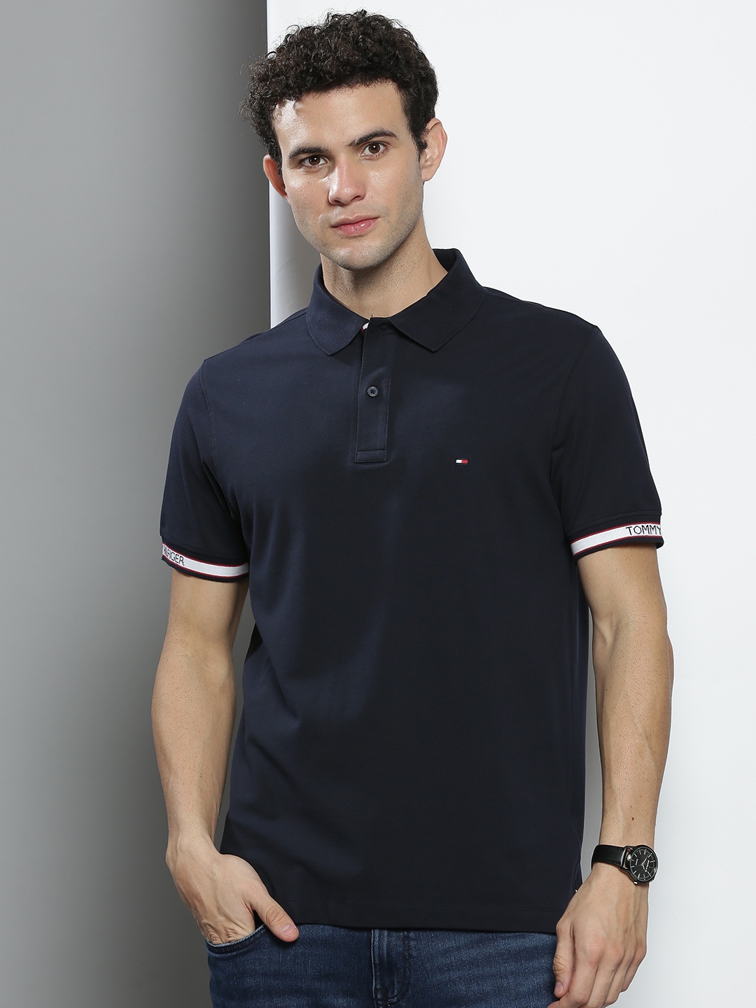 

Tommy Hilfiger Men Navy Blue Solid Polo Collar Pure Cotton T-shirt