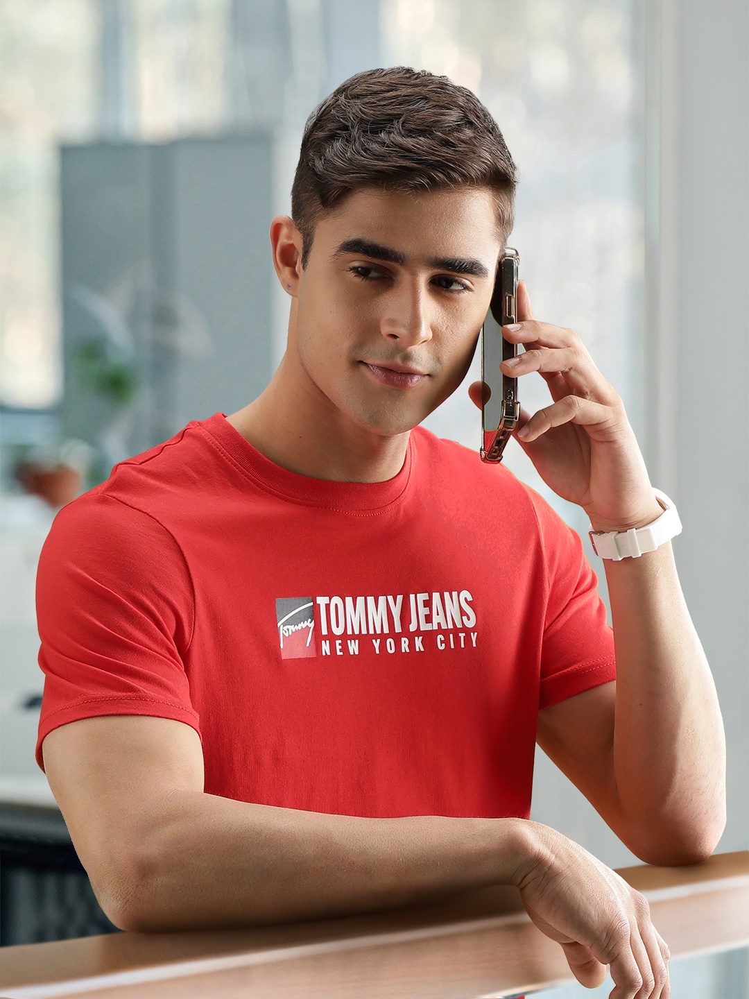 Tommy Hilfiger Men Red Brand Logo Printed Pure Cotton T-shirt