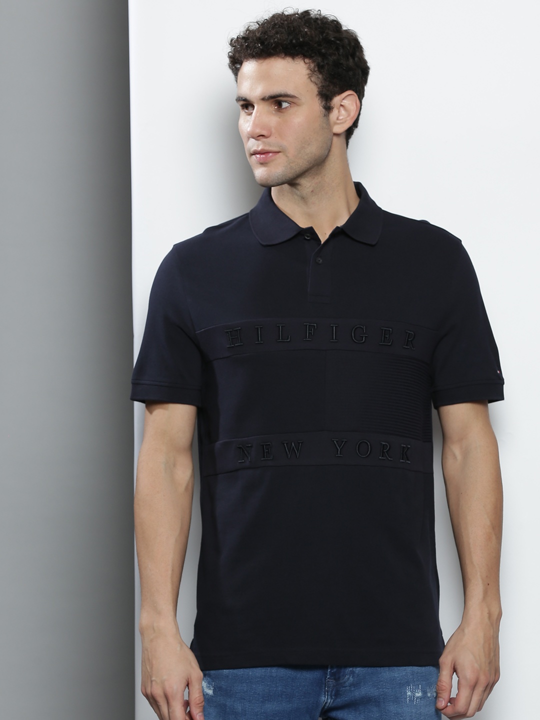 

Tommy Hilfiger Men Navy Blue Brand Logo Polo Collar T-shirt