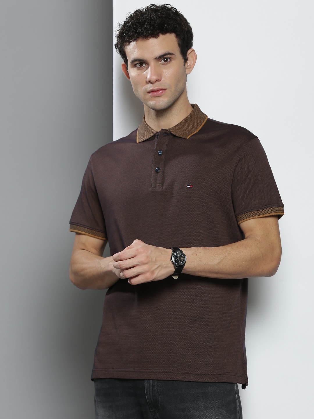 

Tommy Hilfiger Men Brown Solid Polo Collar Pure cotton T-shirt