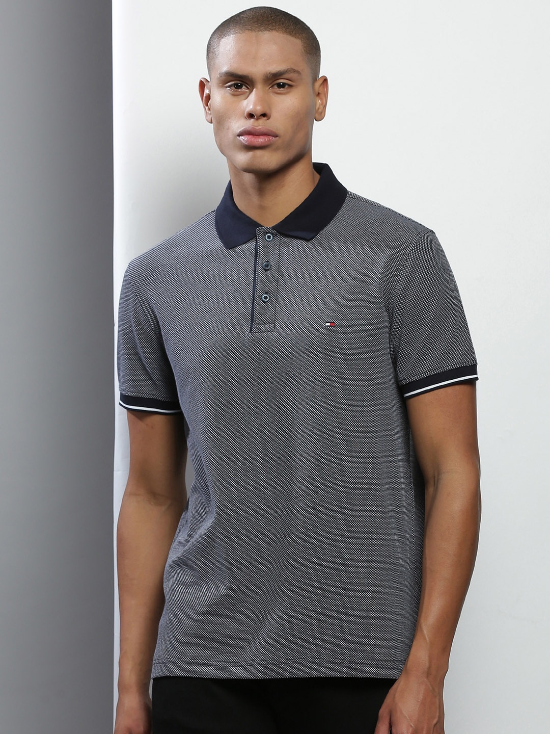 

Tommy Hilfiger Men Navy Blue Textured Cotton Polo Collar T-shirt