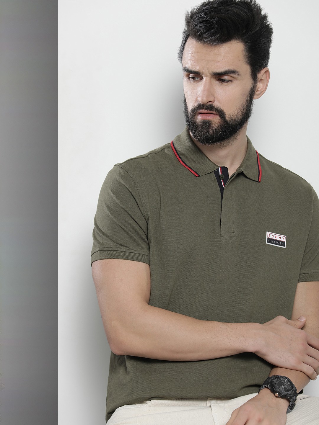 

Tommy Hilfiger Men Olive Green Brand Logo Printed Polo Collar Pure Cotton Applique T-shirt