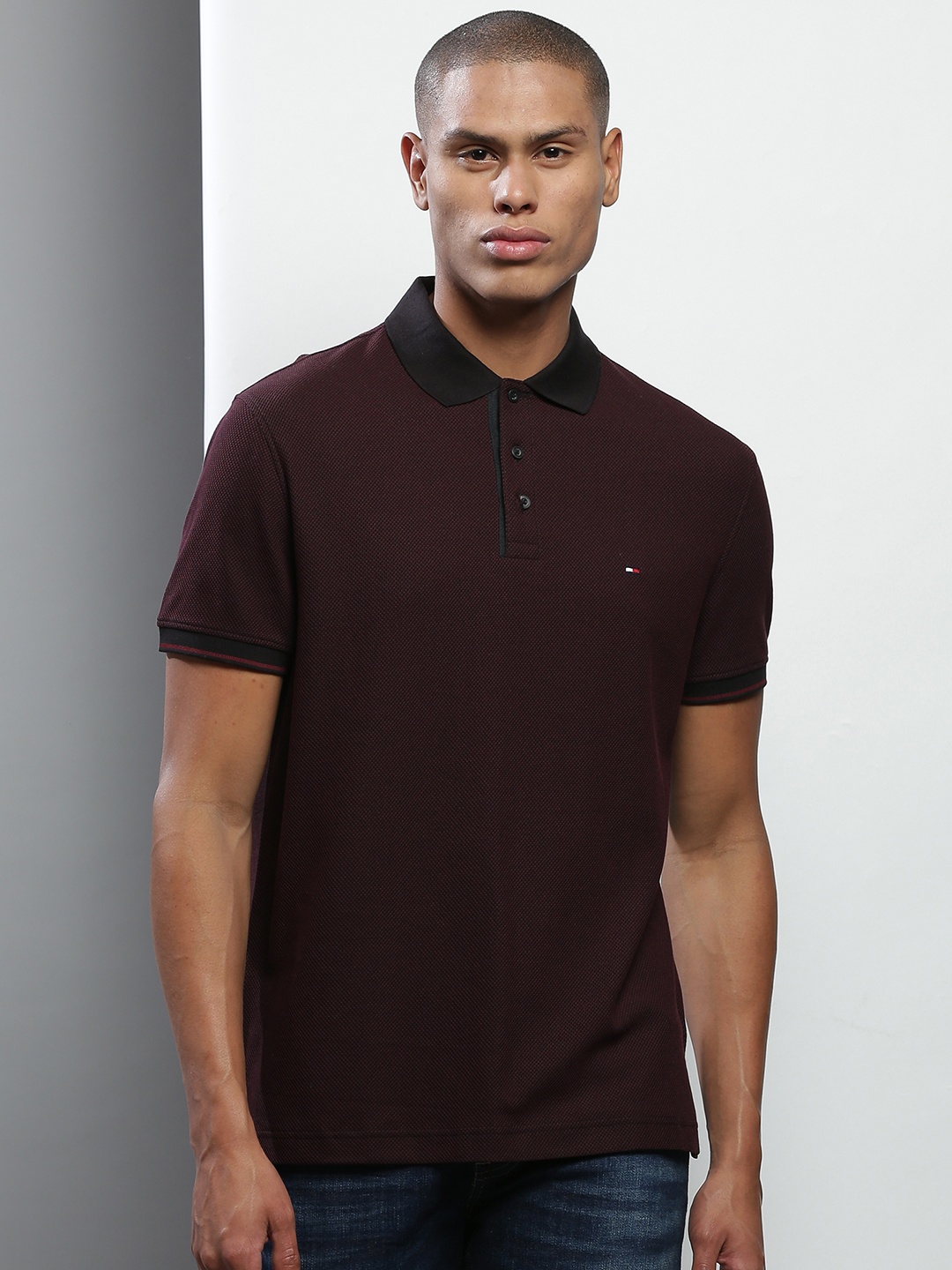 Tommy Hilfiger Men Maroon Textured Cotton Polo Collar T-shirt