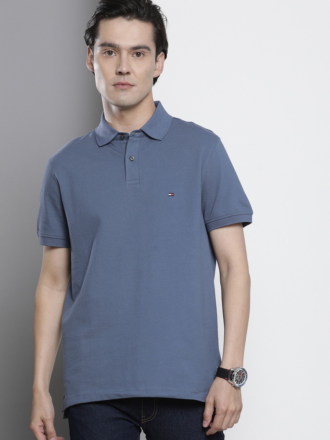 

Tommy Hilfiger Men Blue Dyed Polo Collar T-shirt
