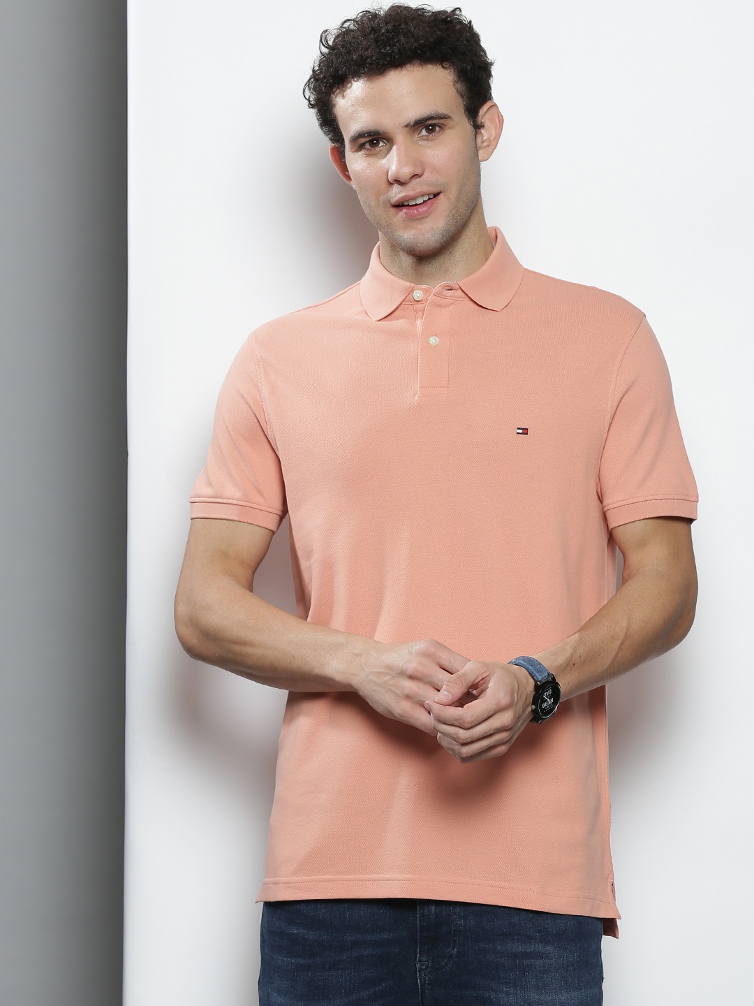 

Tommy Hilfiger Men Peach-Coloured Solid Polo Collar T-shirt