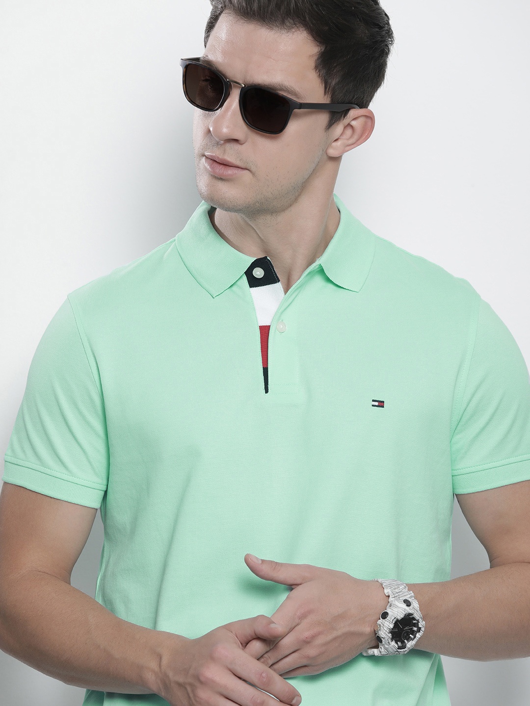 

Tommy Hilfiger Men Sea Green Polo Collar Pure Cotton T-shirt