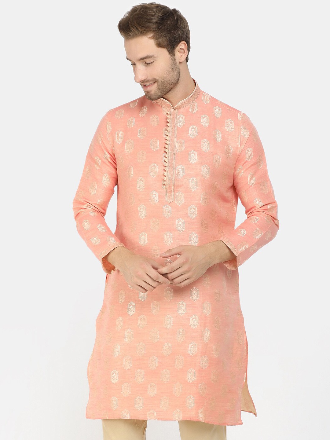 

V-Mart Men Pink Ethnic Motifs Striped Pure Cotton Kurta with Pyjamas