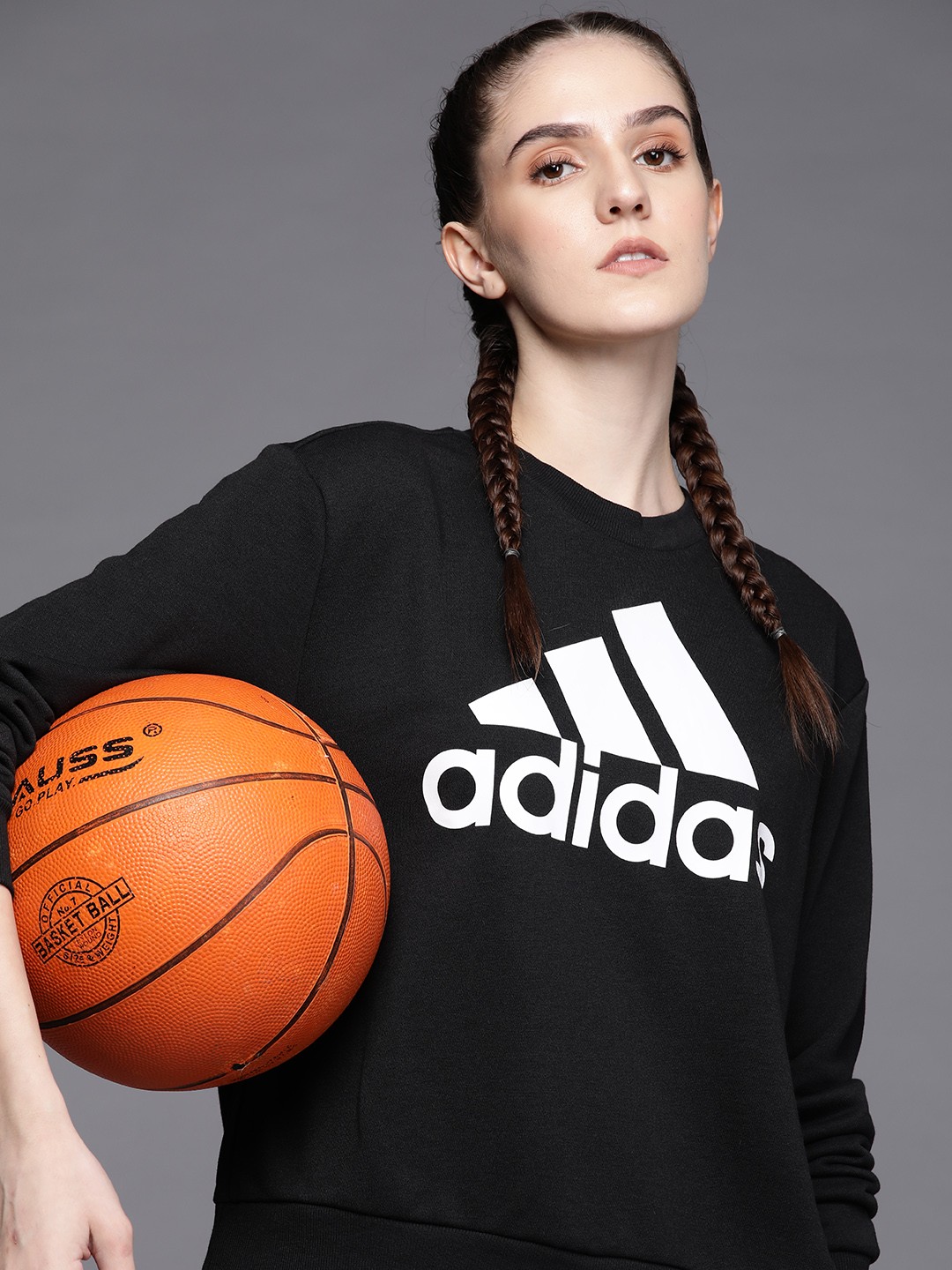 

ADIDAS Women Black Loose Fit BL FT Sustainable Brand Logo Printed Sweatshirt