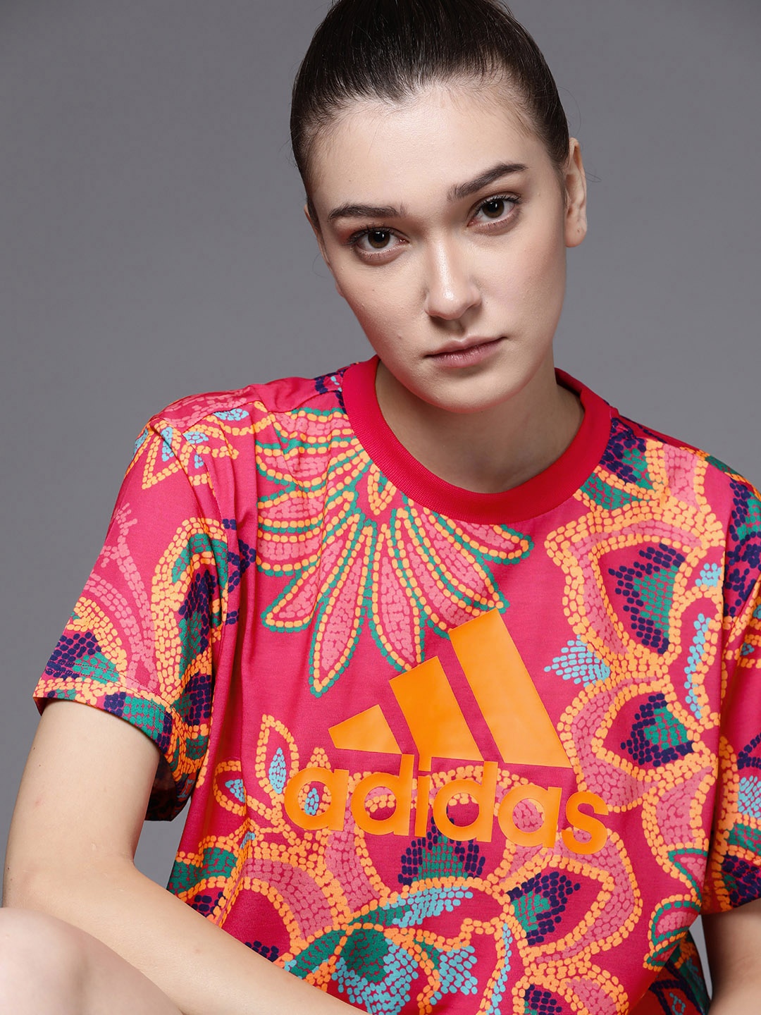 

ADIDAS Women Pink & Orange Farm GFX Printed Training T-shirt
