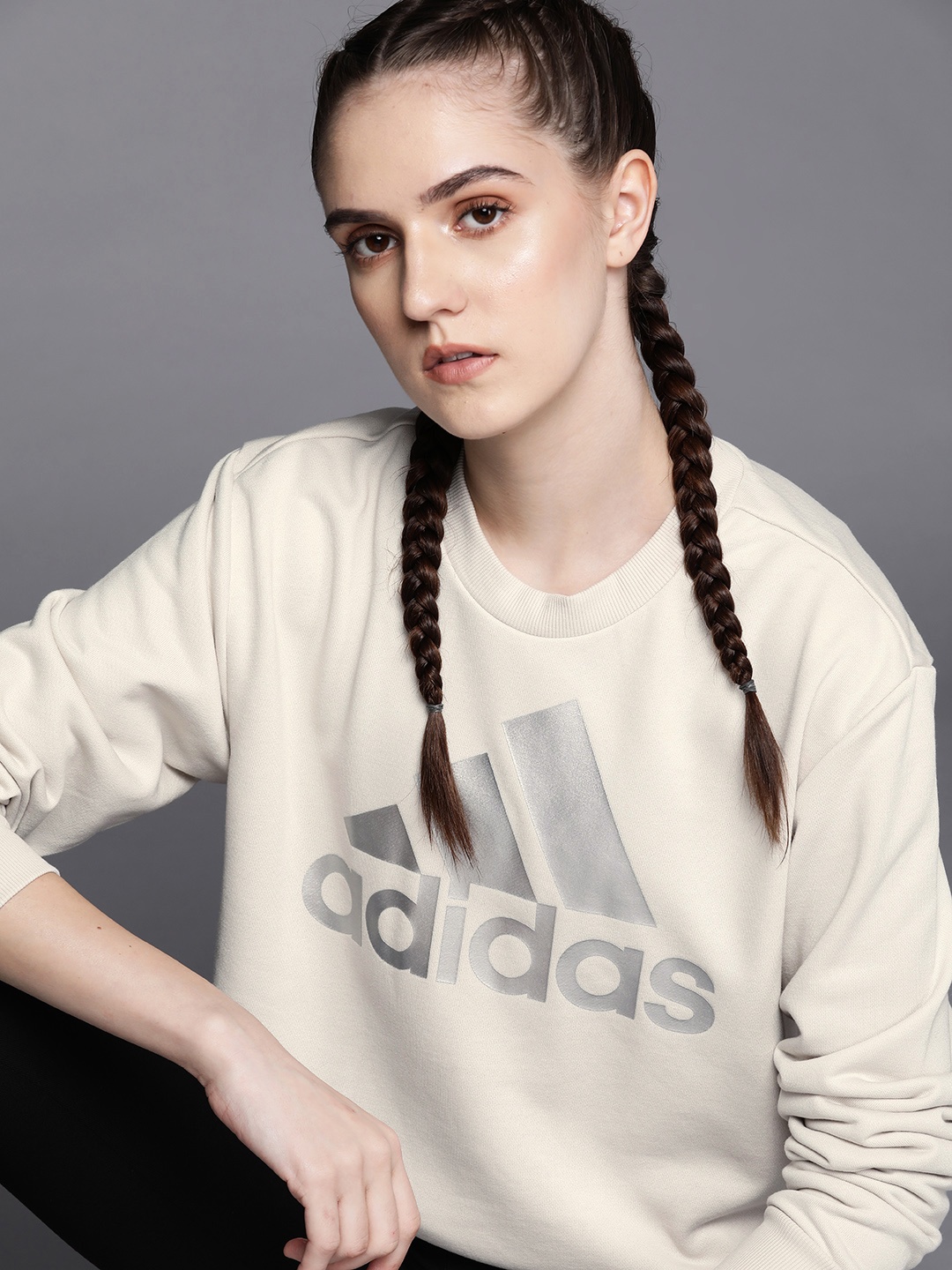 

ADIDAS Women Beige BL FT Sustainable Brand Logo Printed Sweatshirt