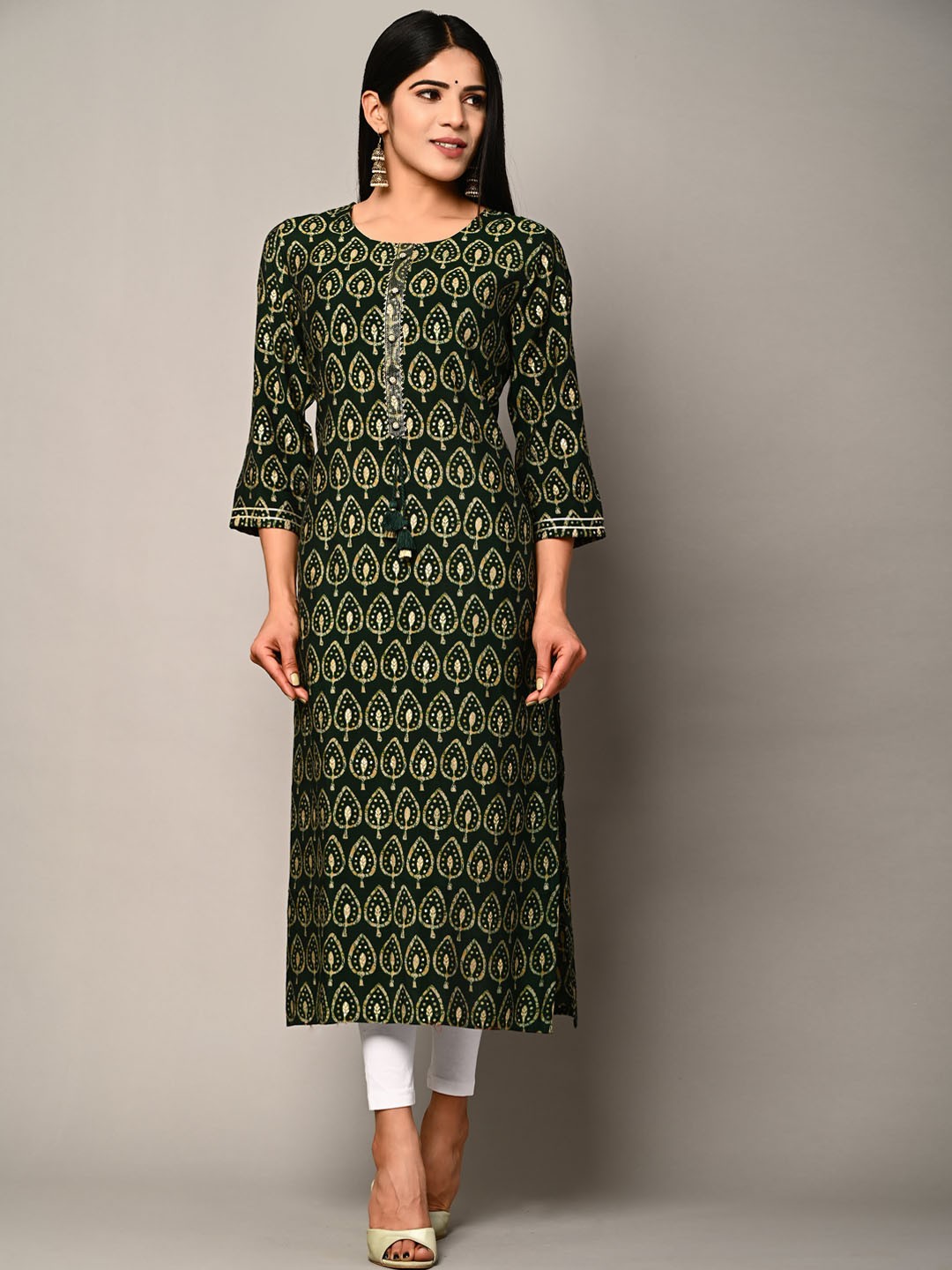 

Swasti Women Green Ethnic Motifs Printed Thread Work Floral Kurta