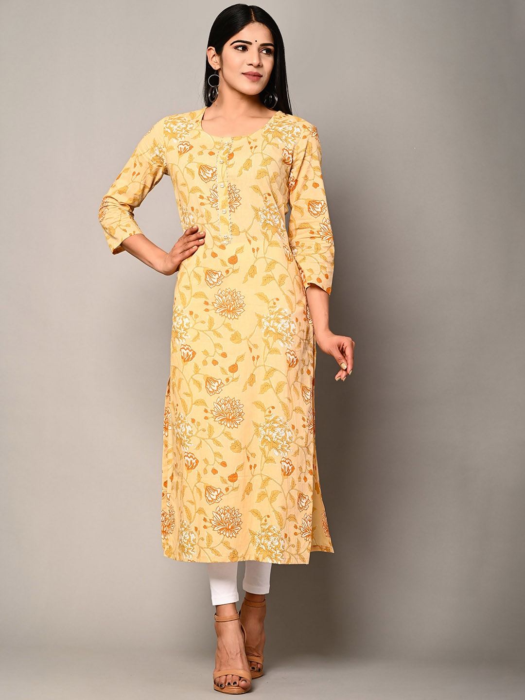 

Swasti Women Yellow Ethnic Motifs Checked Flared Sleeves Mirror Work Floral Kurta