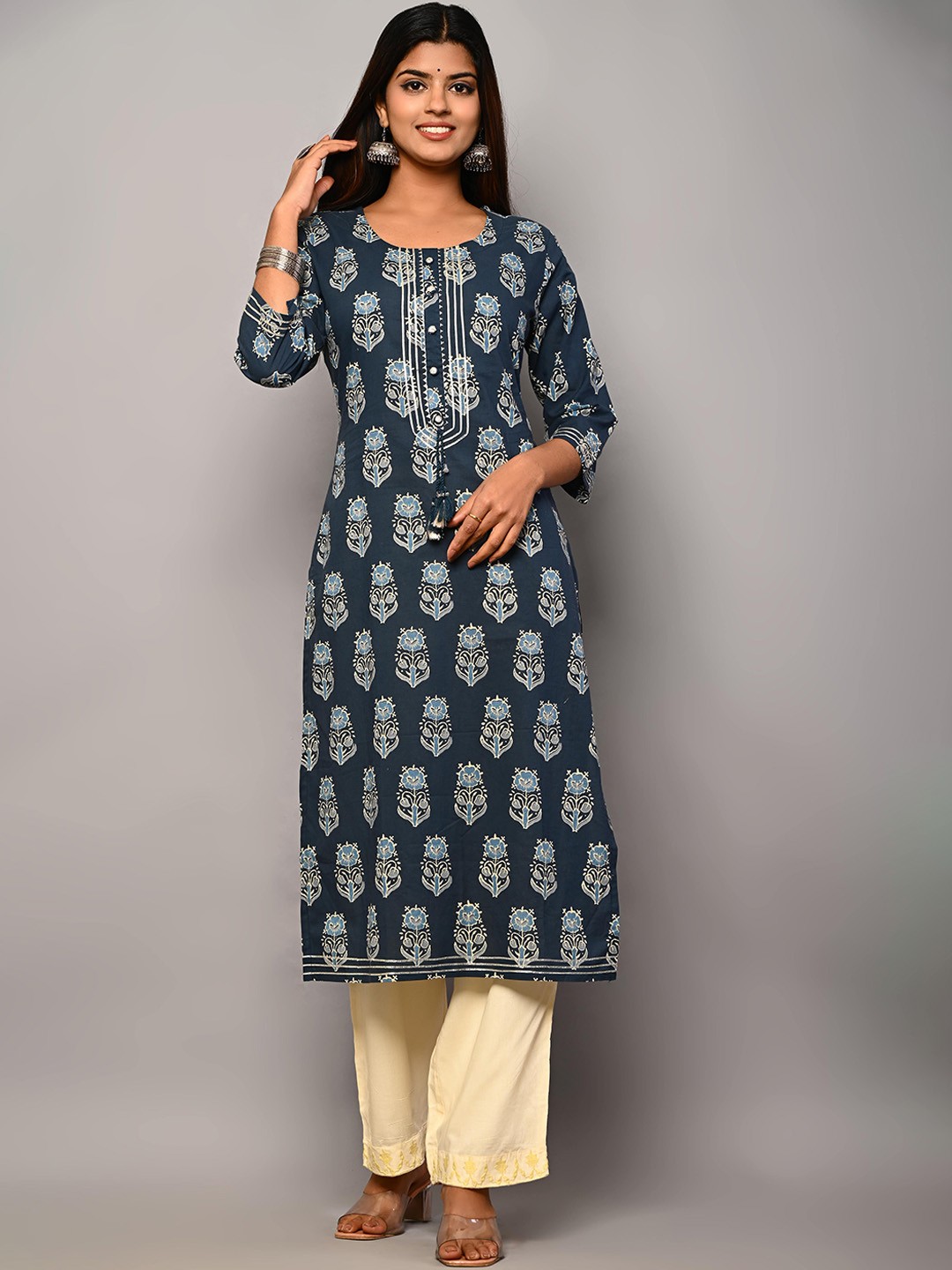 

Swasti Women Blue Ethnic Motifs Printed Mirror Work Floral Kurta