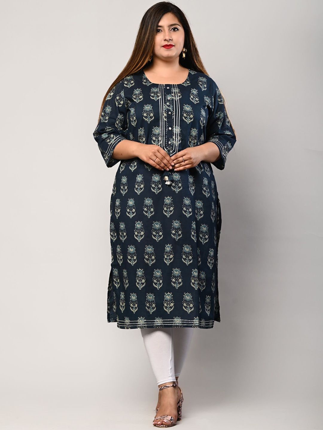 

Swasti Women Blue Ethnic Motifs Printed Flared Sleeves Mirror Work Floral Kurta