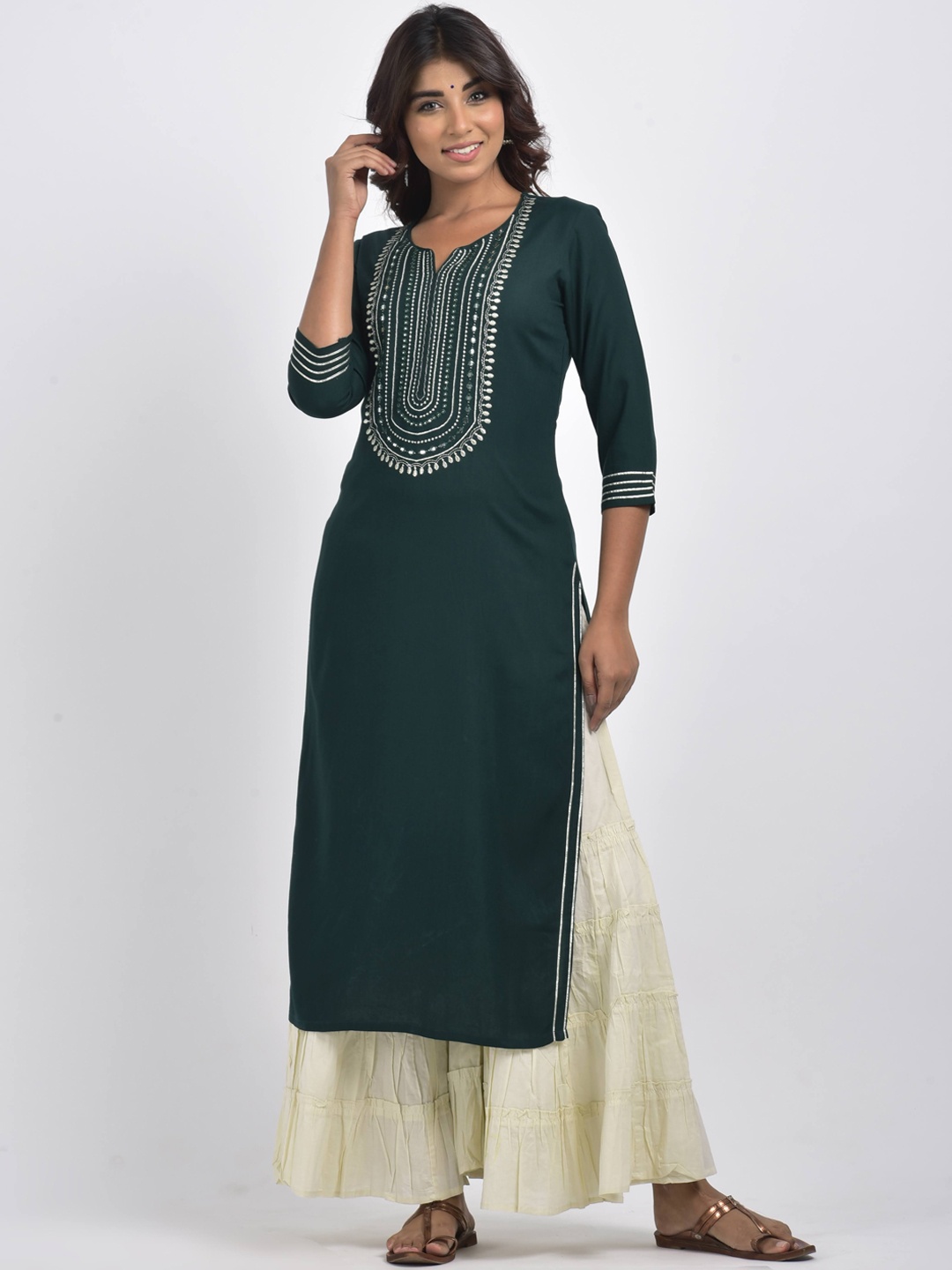 

Swasti Women Green Yoke Design Thread Work Floral Kurta