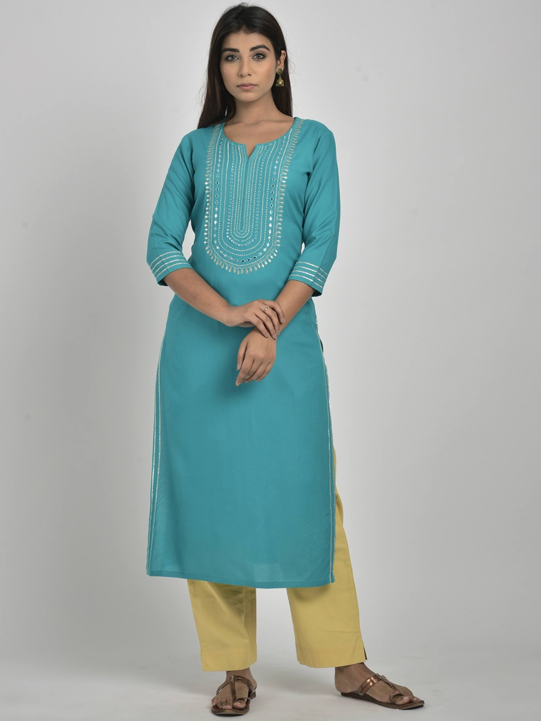 

Swasti Women Turquoise Blue Yoke Design Flared Sleeves Gotta Patti Floral Kurta