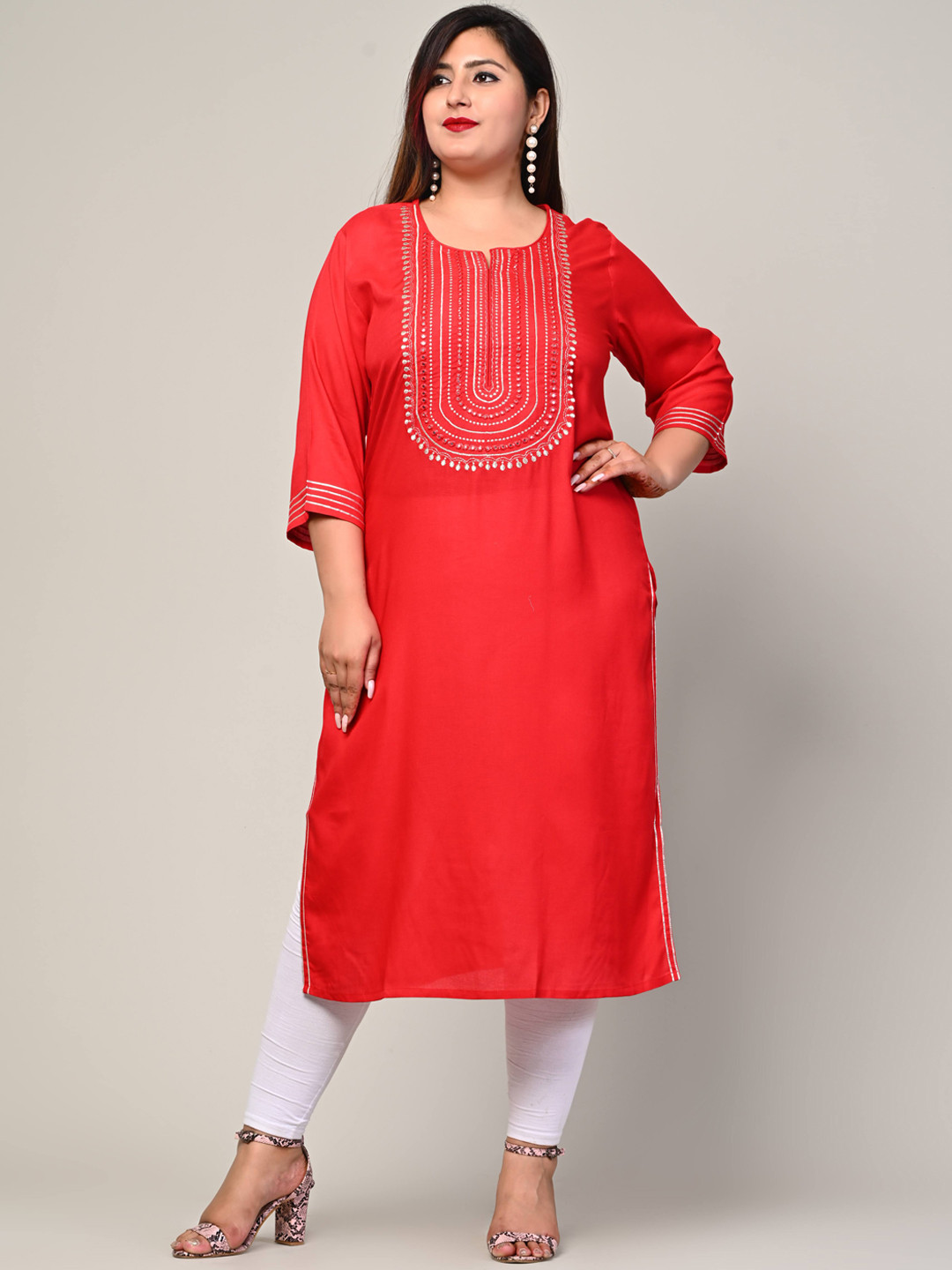 

Swasti Women Red & imperial red Embroidered Thread Work Floral Kurta