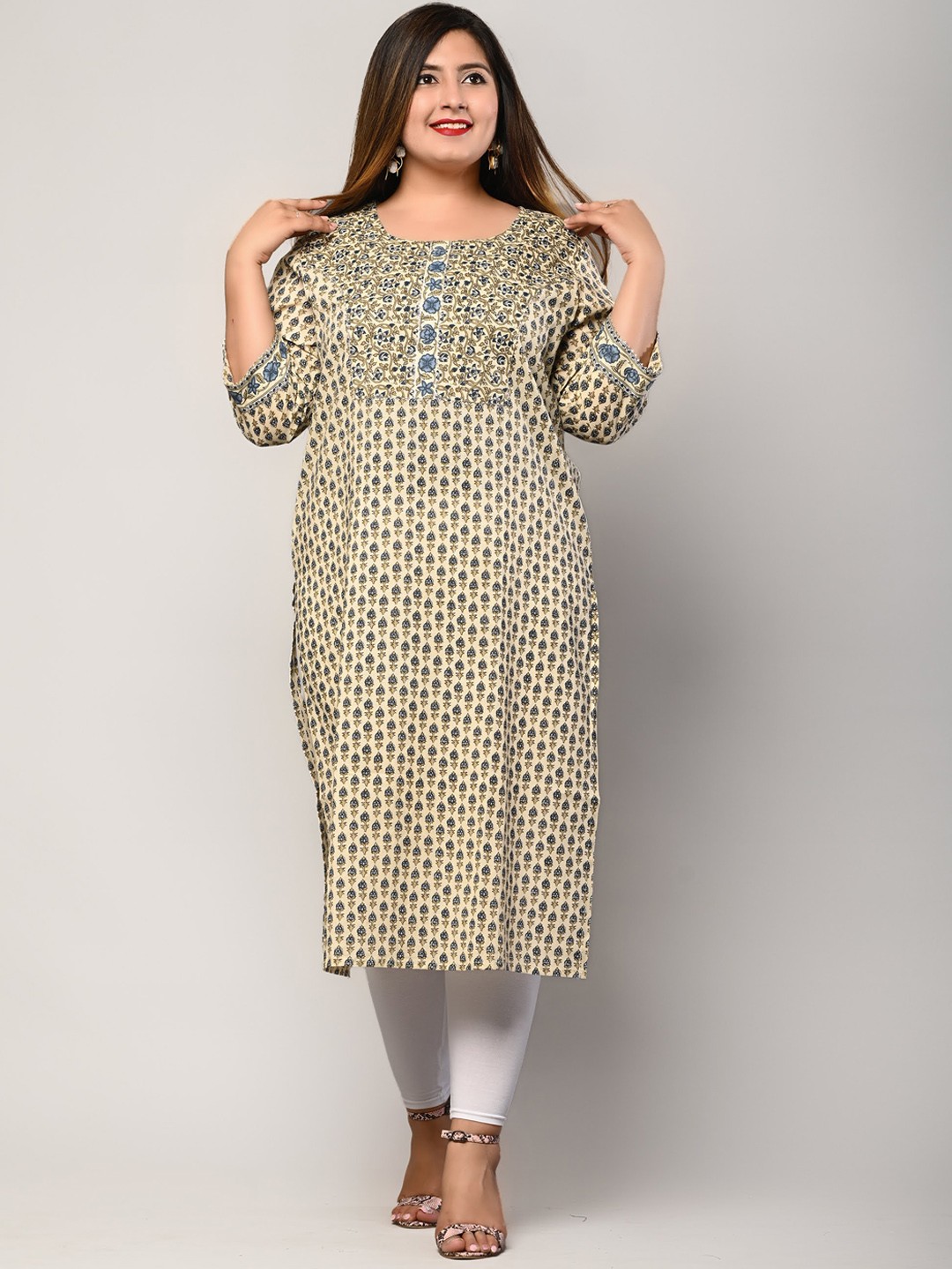 

Swasti Women Off White Ethnic Motifs Printed Cold-Shoulder Sleeves Thread Work Floral Kurta