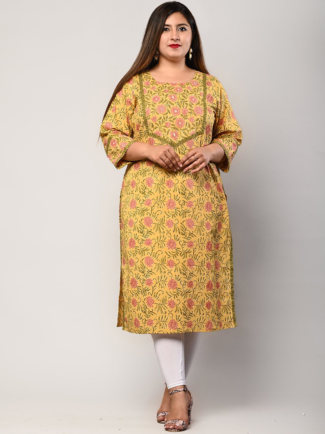 

Swasti Women Yellow Floral Printed Flared Sleeves Thread Work Floral Kurta