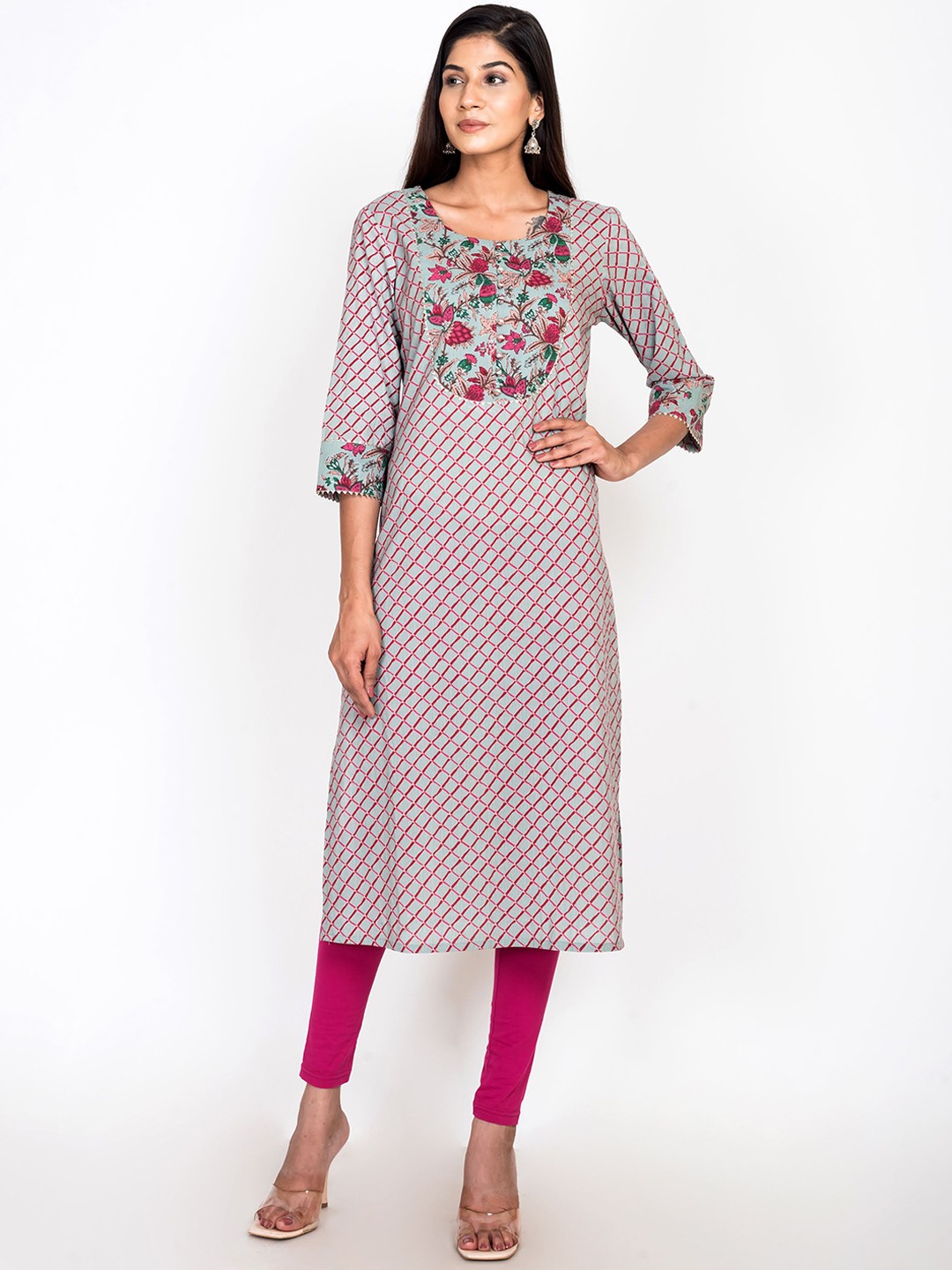 

Swasti Women Green Striped Mirror Work Floral Kurta