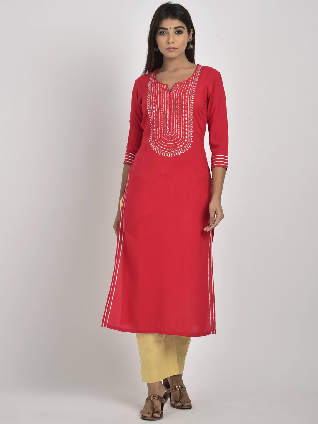 

Swasti Women Red Yoke Design Flared Sleeves Thread Work Floral Kurta
