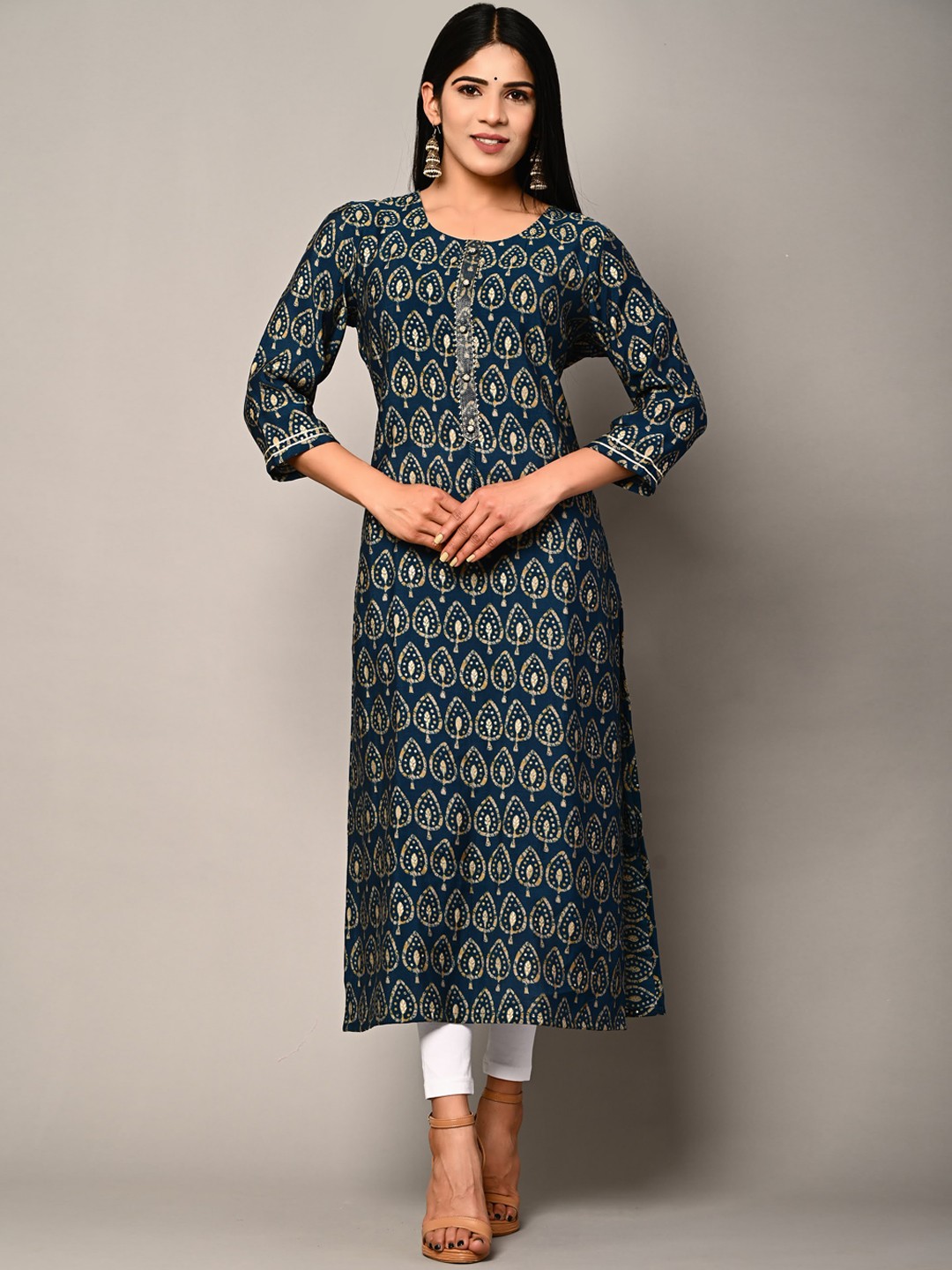 

Swasti Women Blue Ethnic Motifs Printed Thread Work Floral Kurta